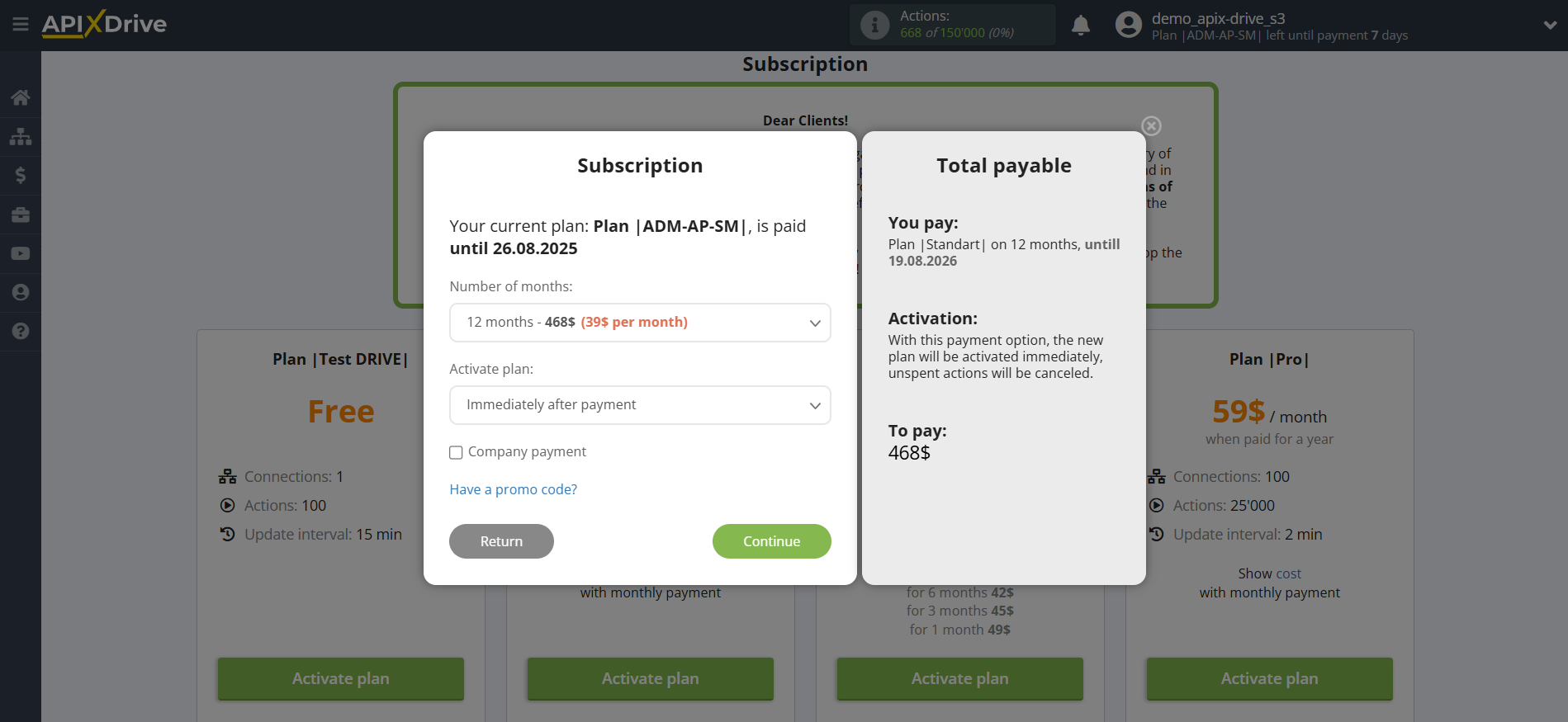 Setting up payment for the ApiX-Drive plan