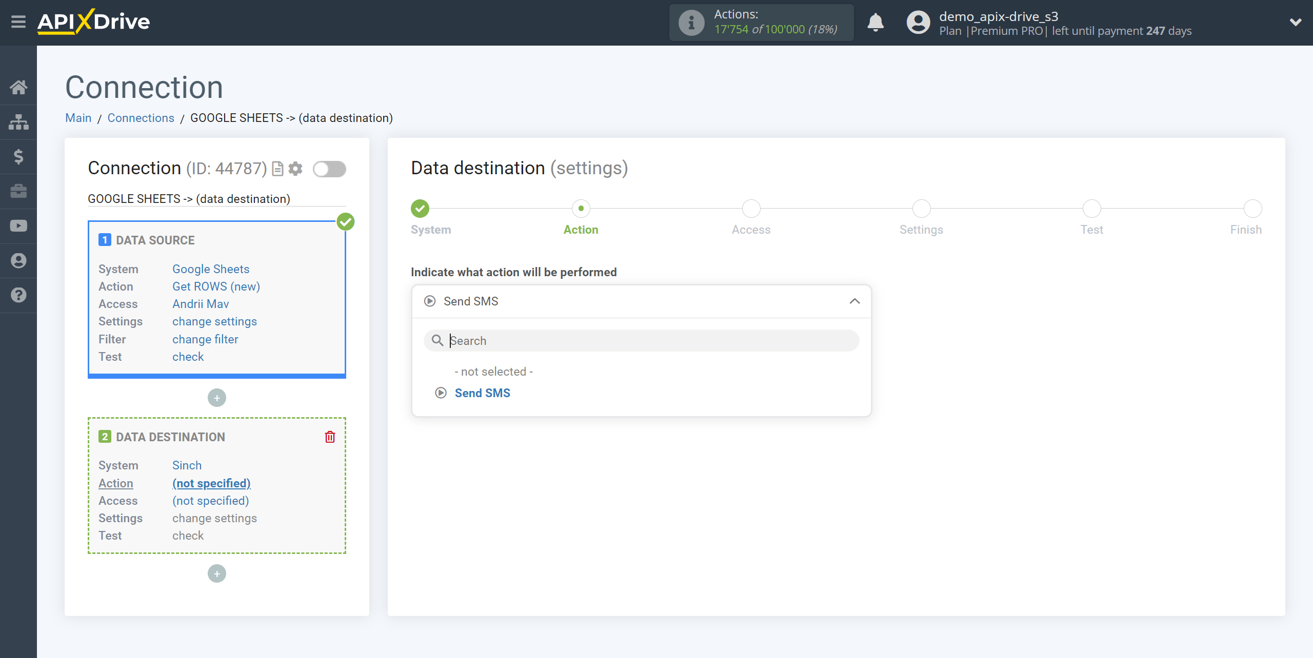 How to Connect Sinch as Data Destination | Action selection