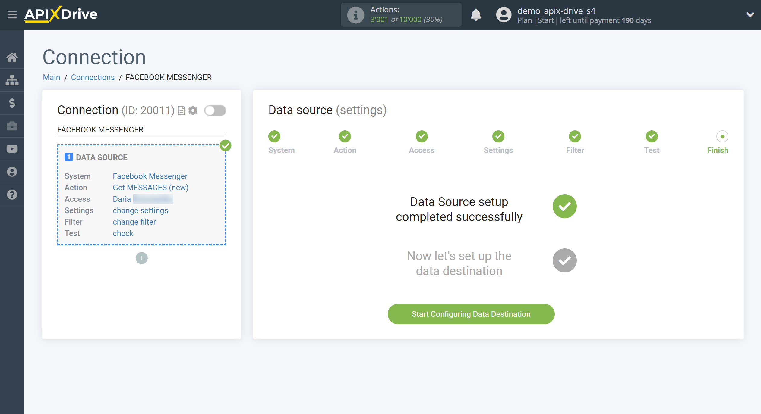 How to Connect Facebook Messenger as Data Source | Go to the Data Destination setup