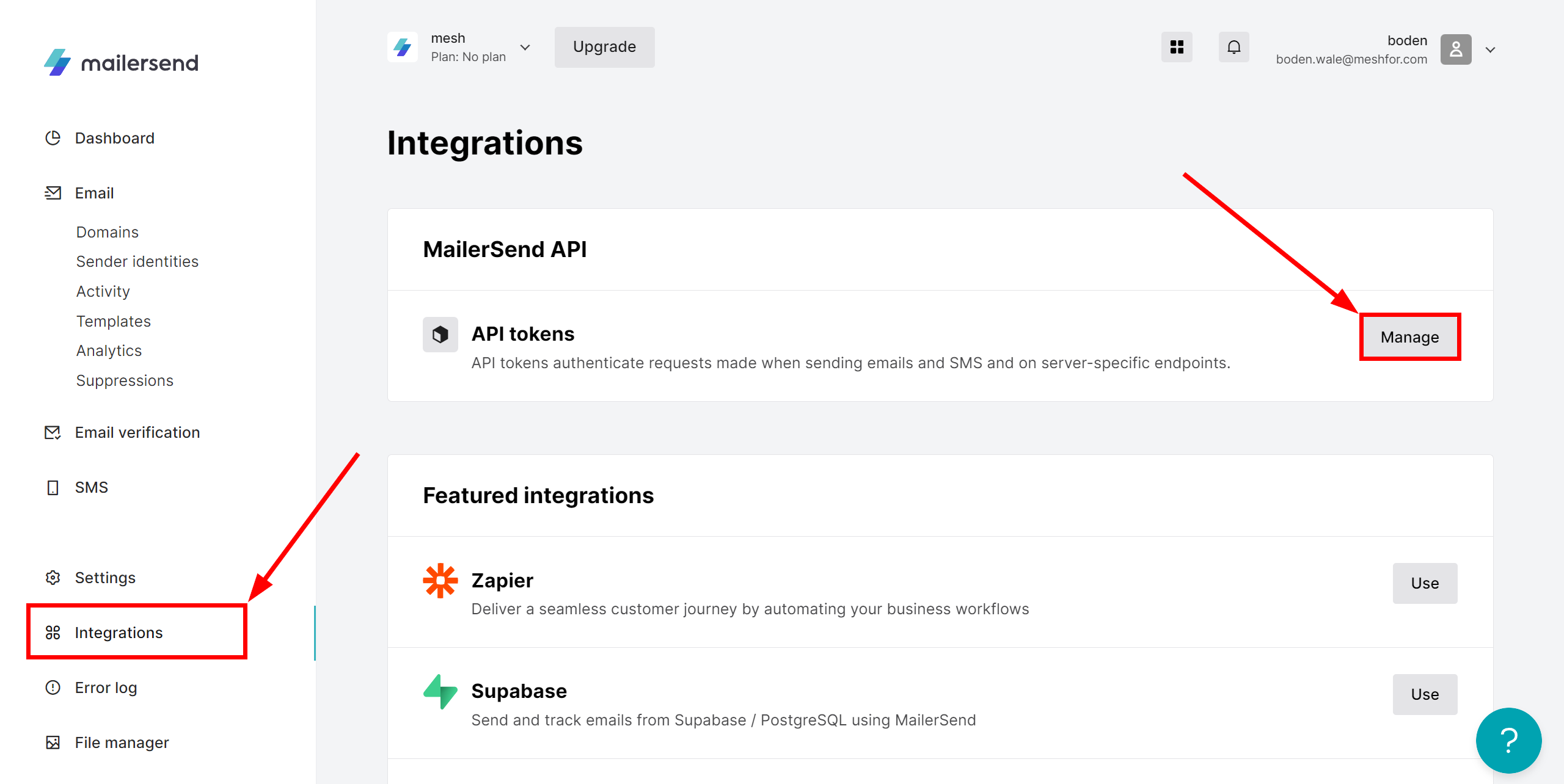 How to Connect MailerSend as Data Destination | Go to API token settings