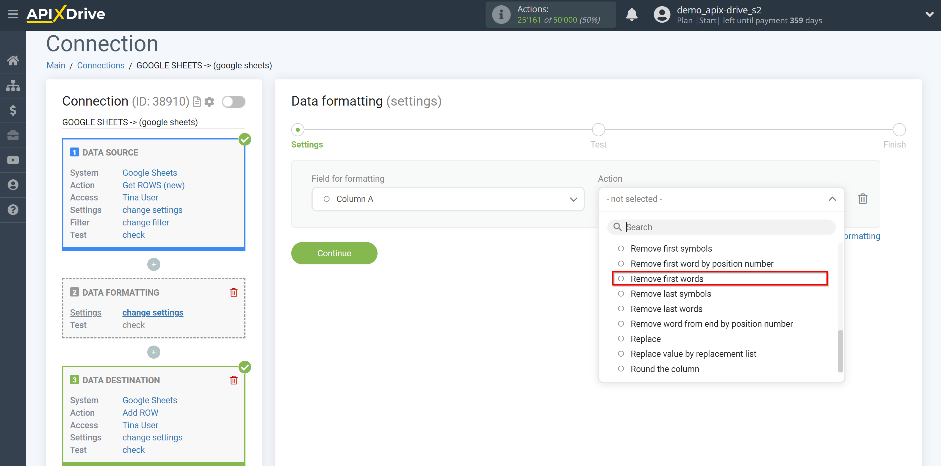 How to setup Data Formatting | Selecting the function&nbsp;Remove first words