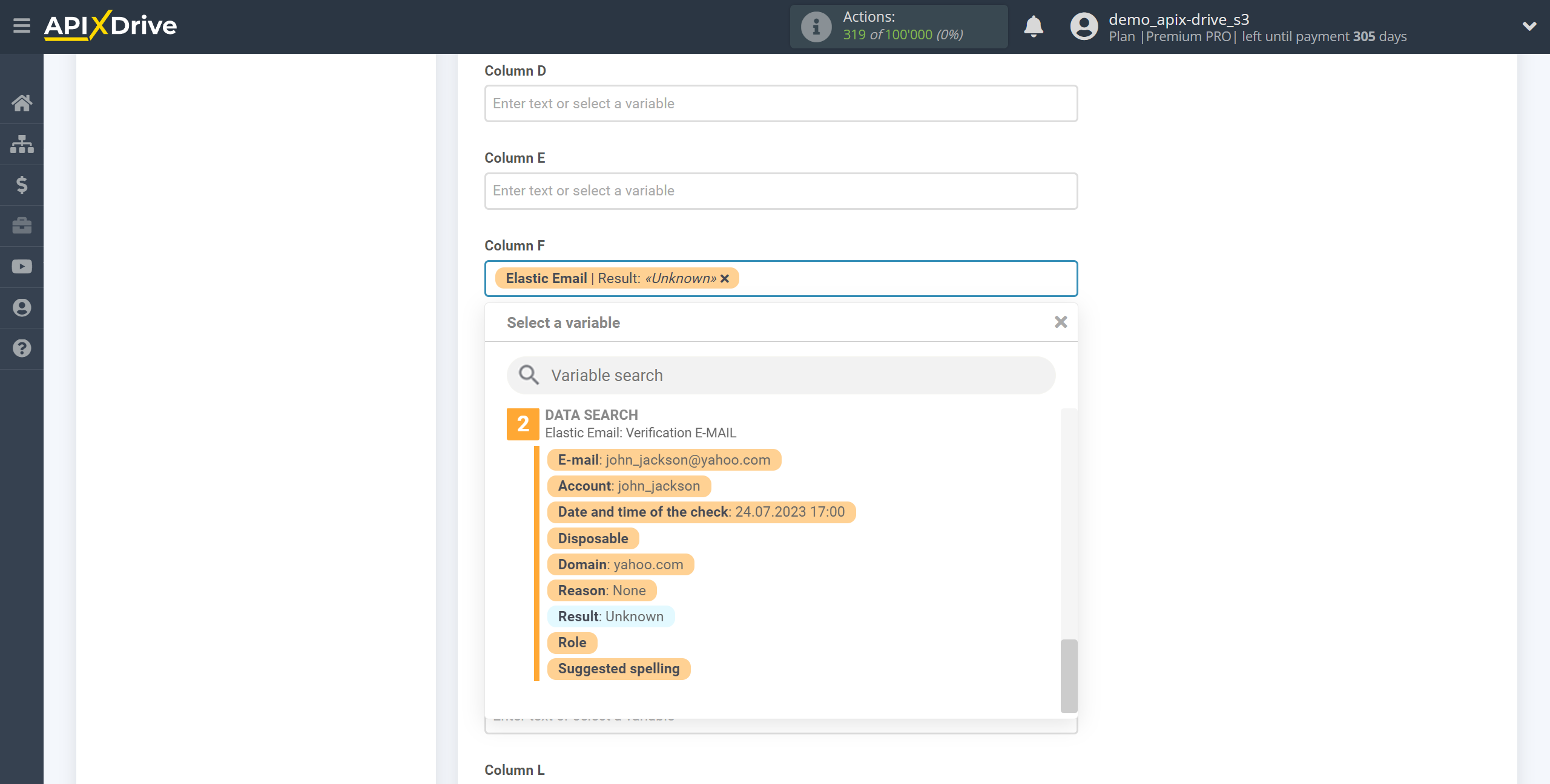 Setting Search to Verification E-MAIL Elastic Email in Google Sheets | Assigning fields