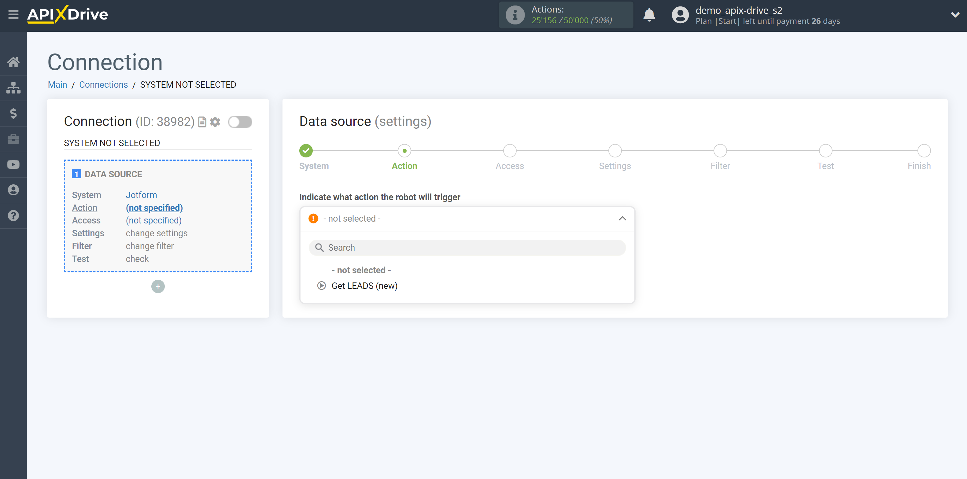 How to Connect Jotform as Data Source | Action selection