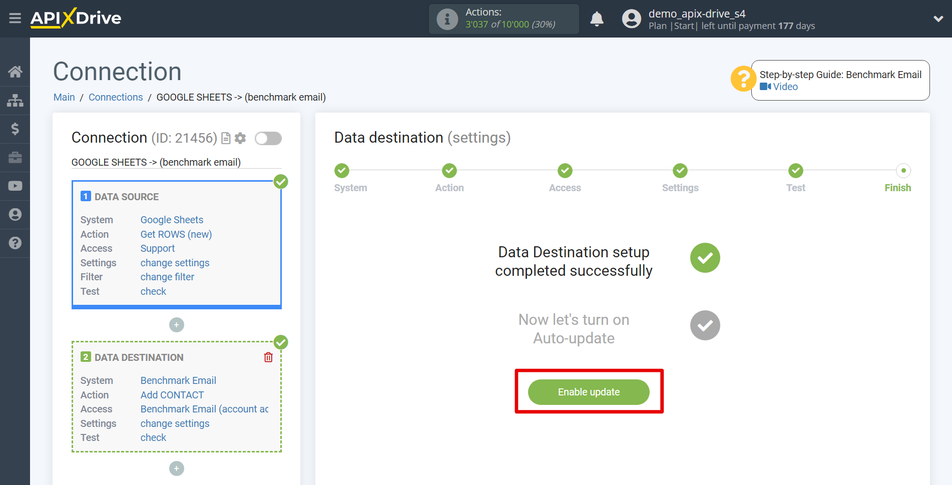 How to Connect Benchmarkemail as Data Destination | Enable auto-update