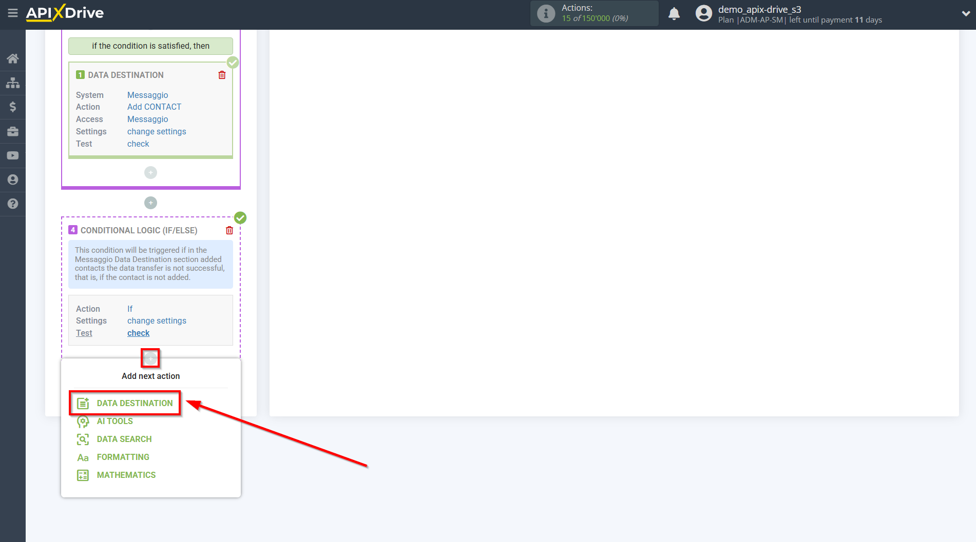 How to setup Messaggio Update Contact / Add Contact | Start setting up Slack Data Destination inside the Logic section