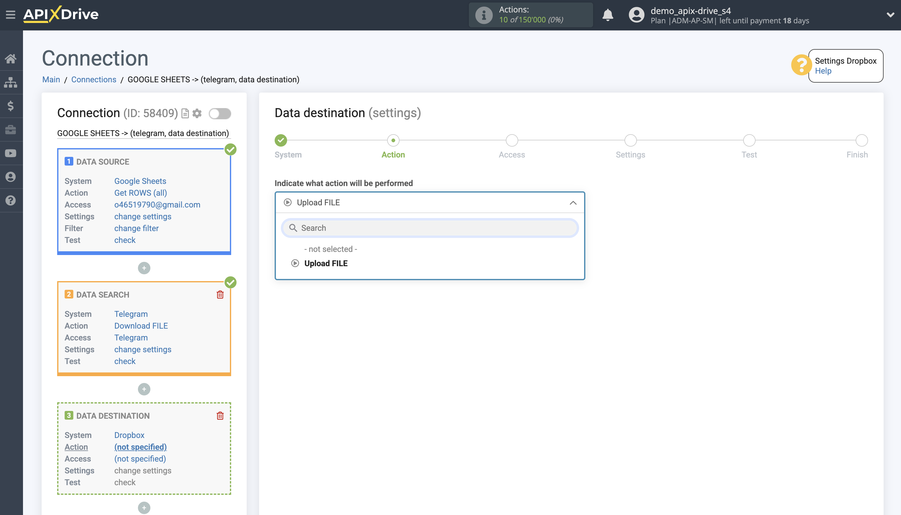 Telegram File Upload Settings to Dropbox | Action selection
