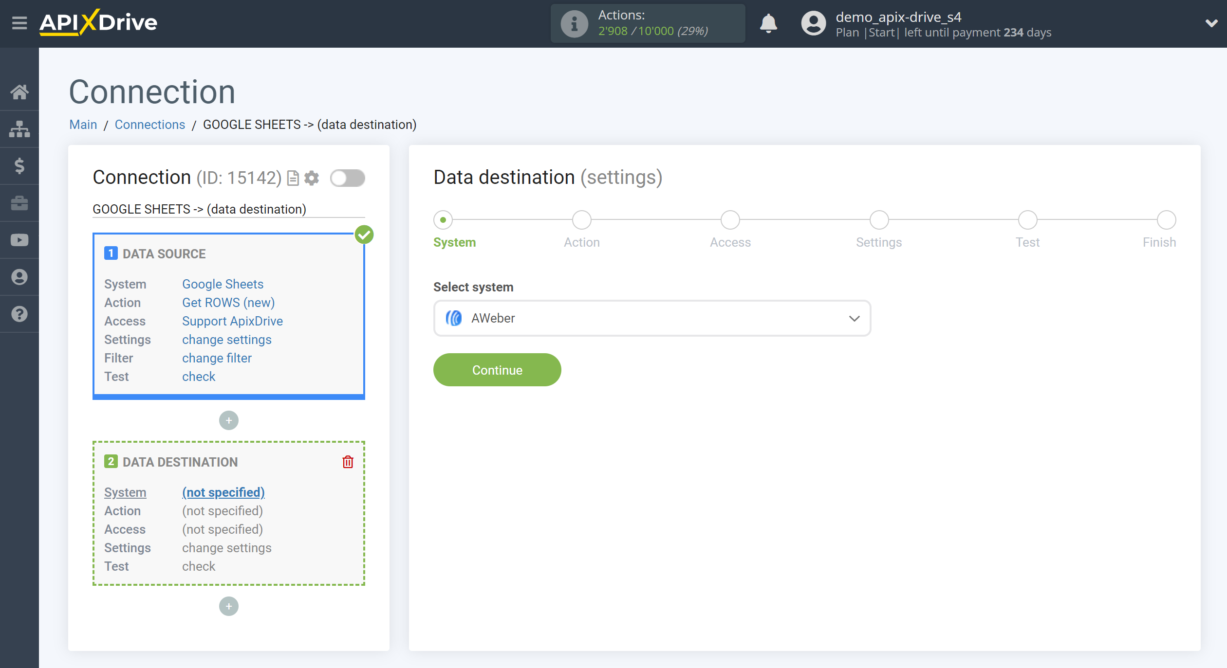 How to Connect Aweber as Data Destination | System selection