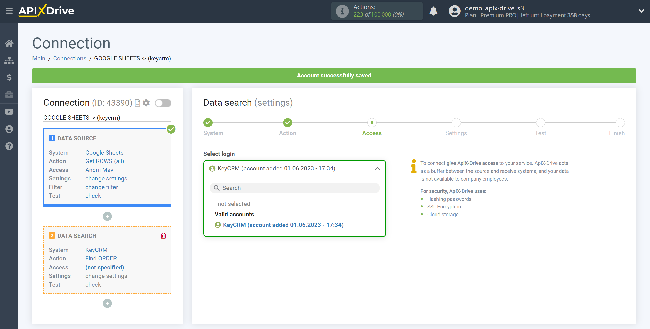 Setting up KeyCRM Order Search in Google Sheets | Selecting a Search account