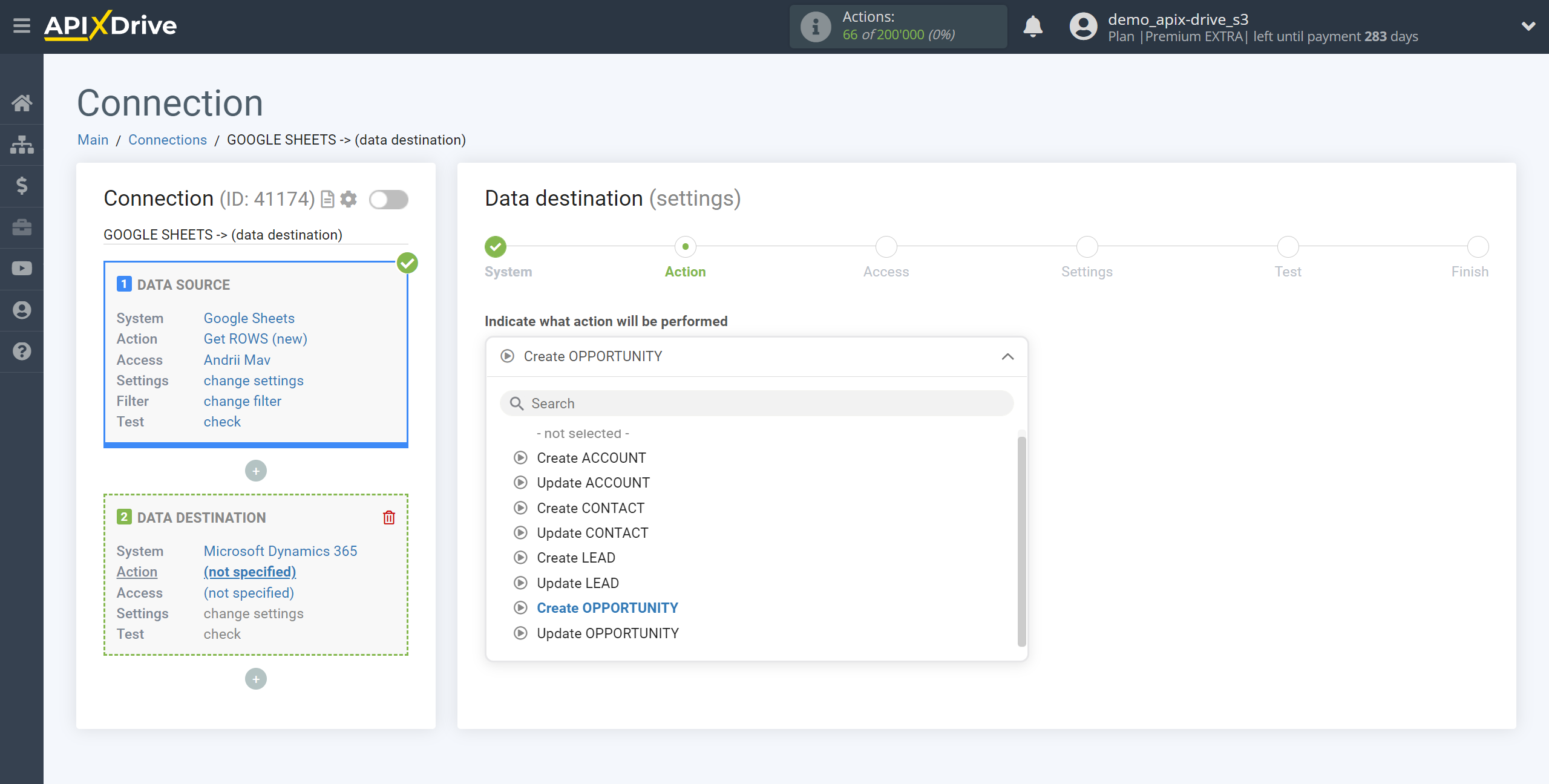 How to Connect Microsoft Dynamics 365 as Data Destination | Action selection