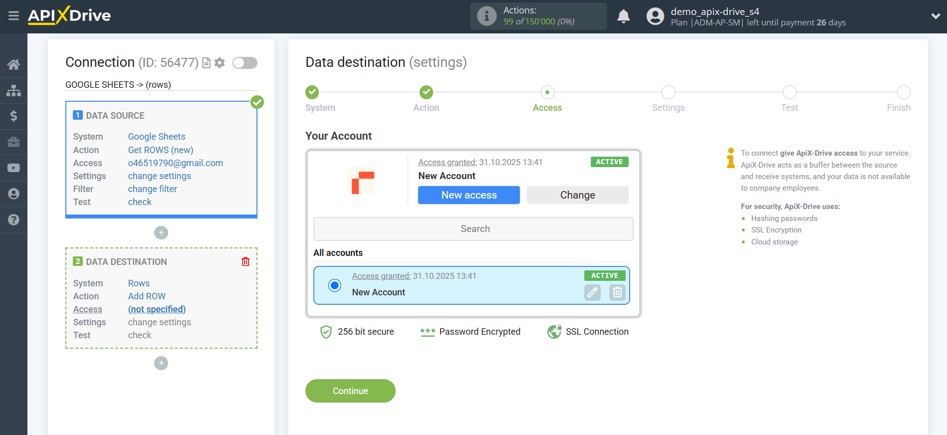 How to Connect Rows as Data Destination | Account selection How to Connect Rows as Data Destination | Account selection