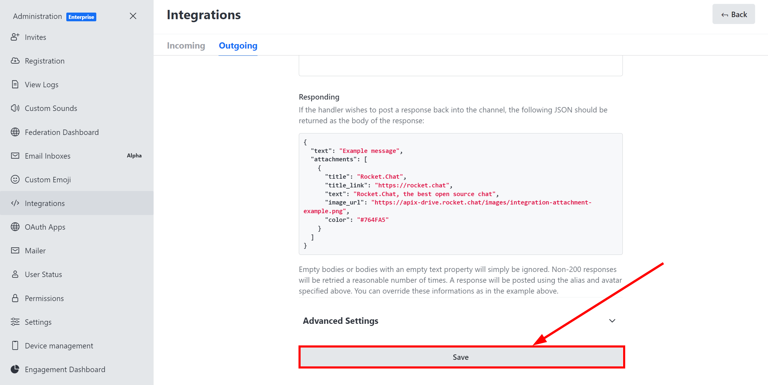 How to Connect Rocket.Chat as Data Source | Setting options for Webhook