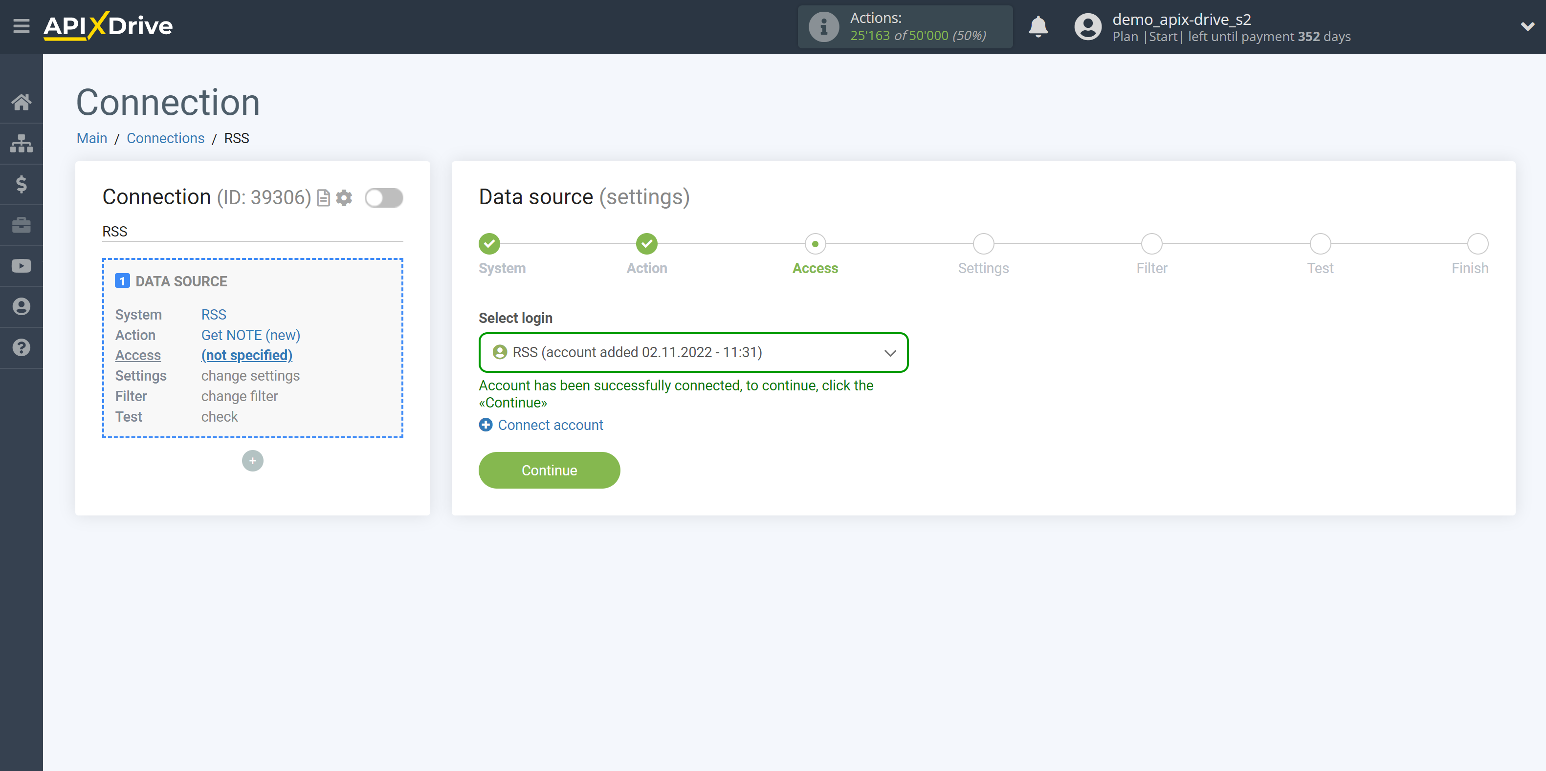 How to Connect RSS as Data Source | Account selection