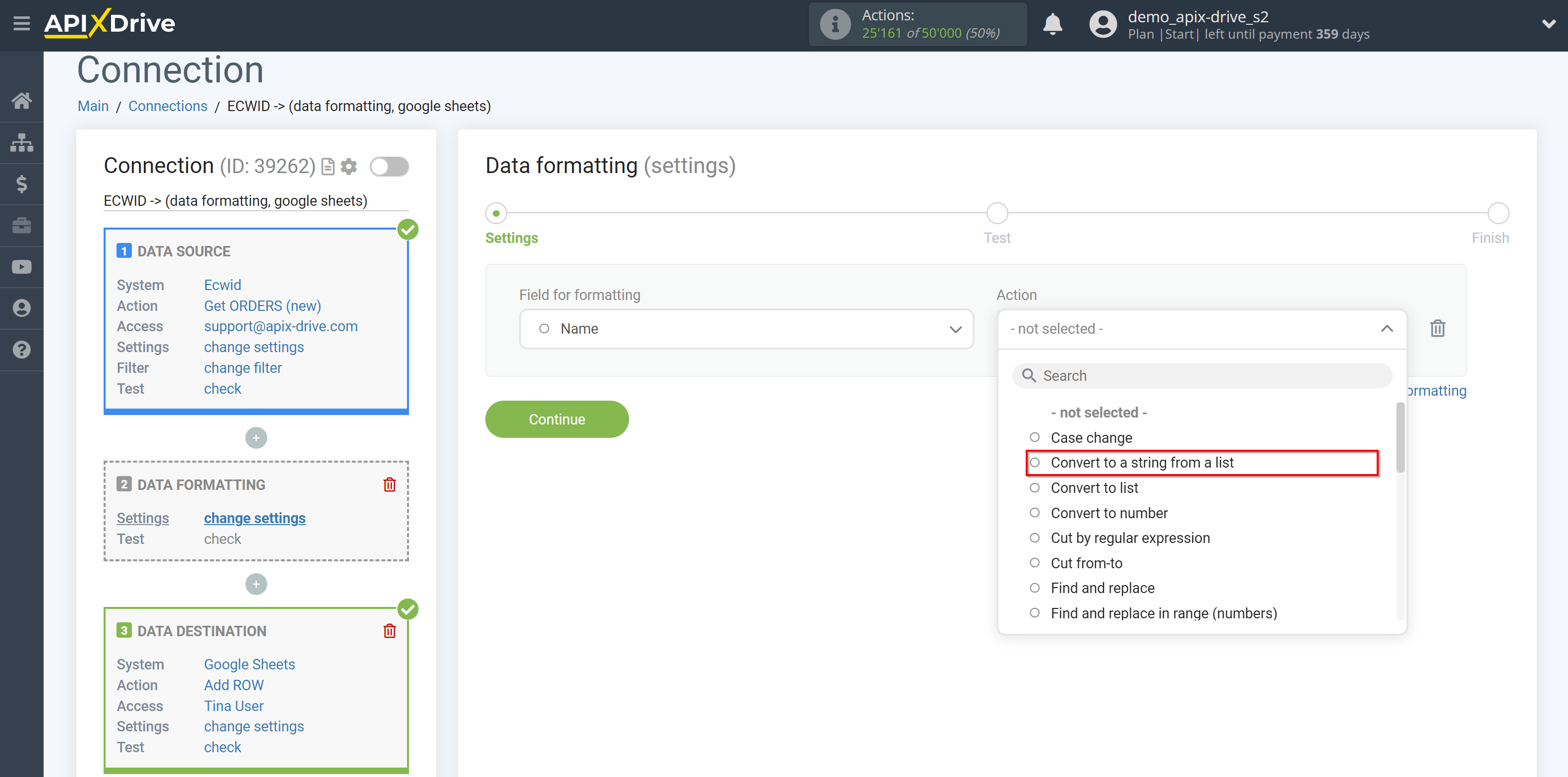 How to setup Data Formatting | Selecting the function&nbsp;Convert to a string from a list