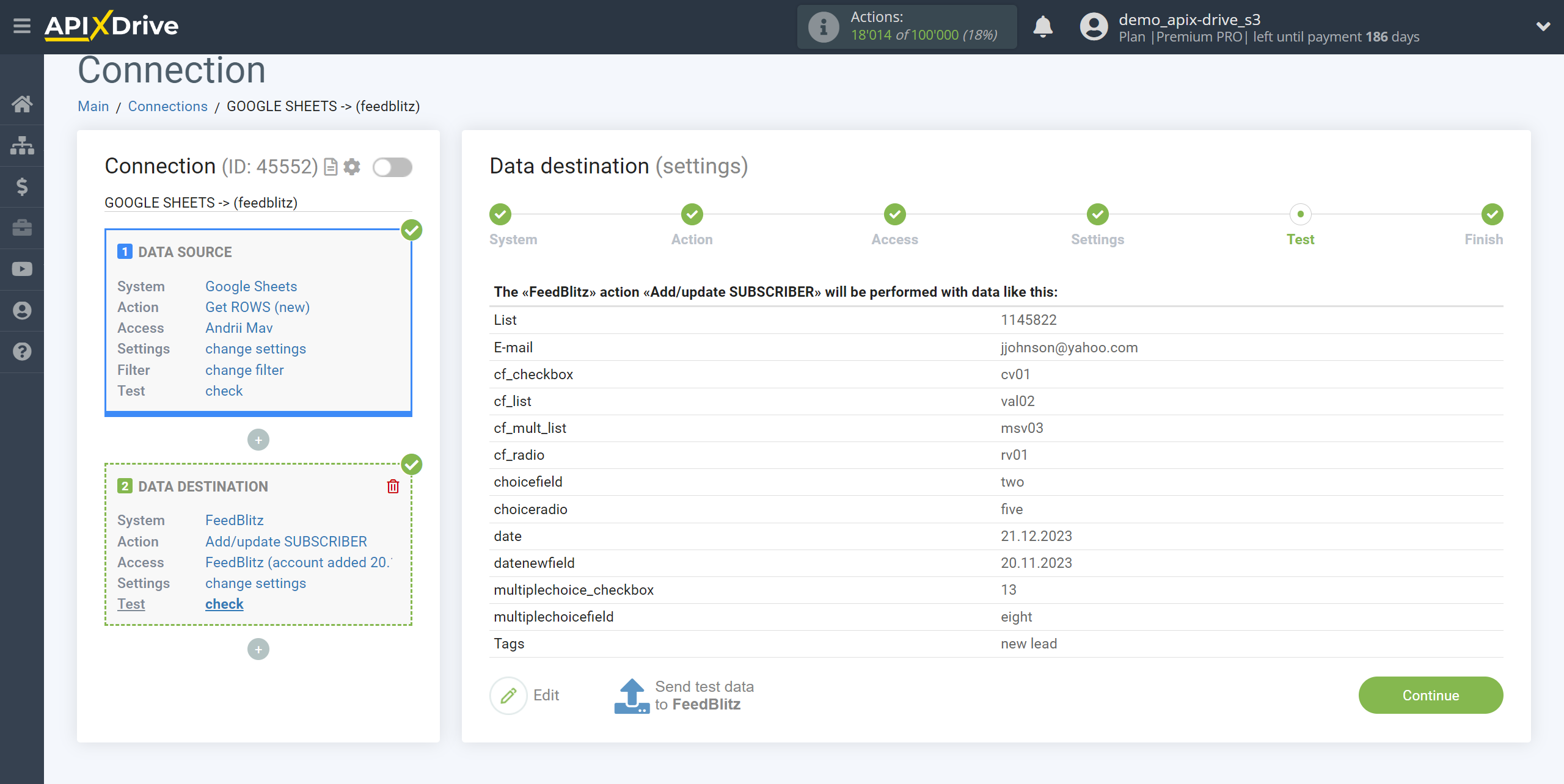 How to Connect FeedBlitz as Data Destination | Test data