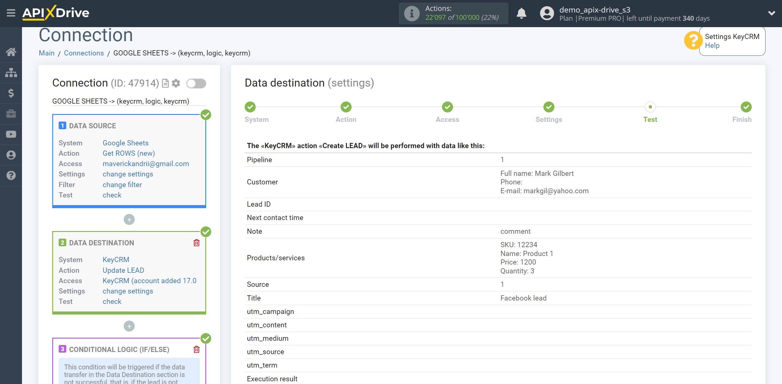 How to setup KeyCRM Update Lead / Create Lead | Test data