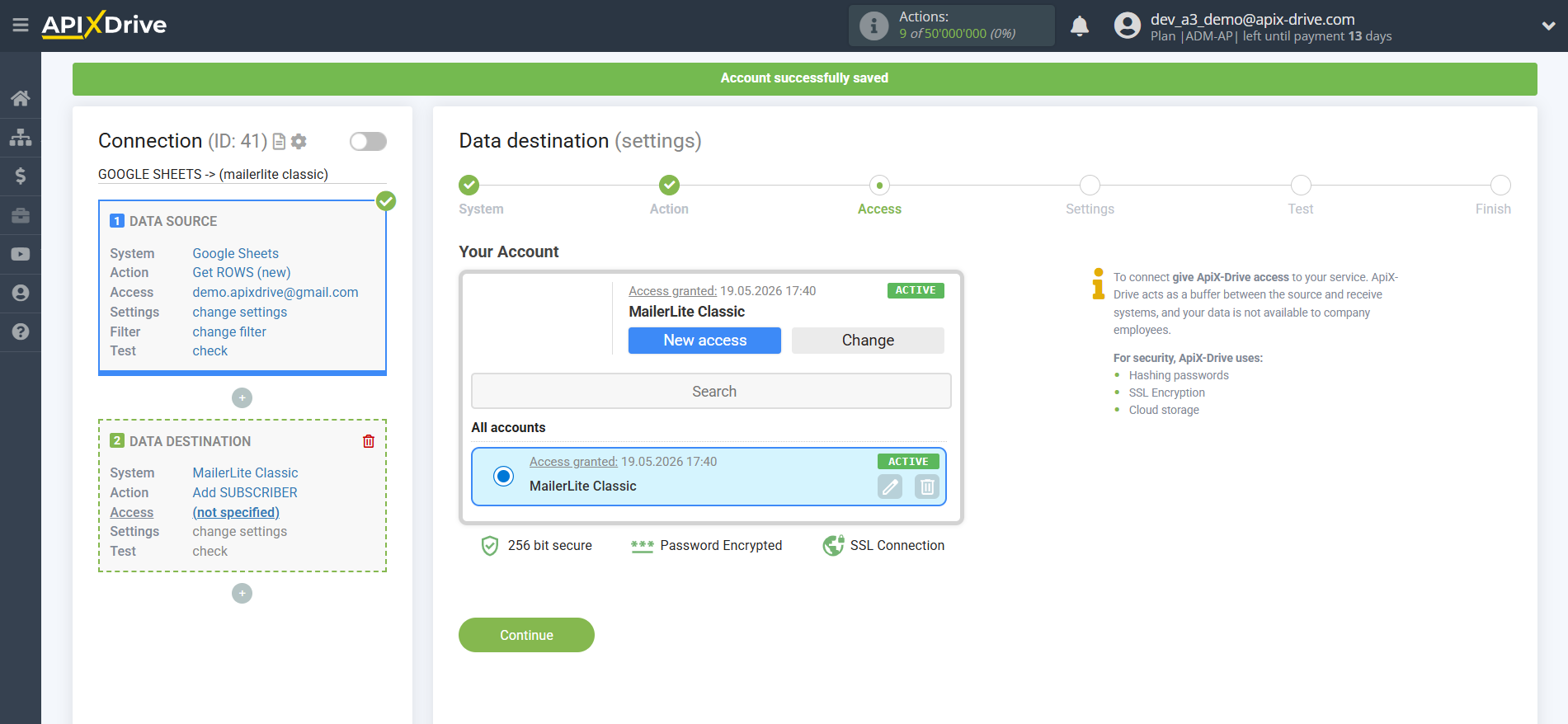 How to Connect MailerLite Classic as Data Destination | Account connection