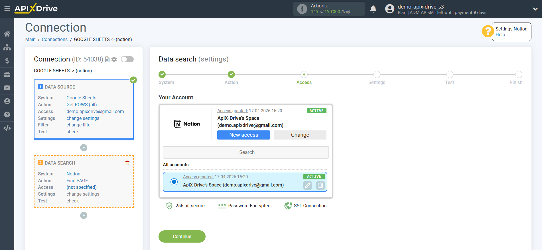 Setting up an Notion Item Search in Google Sheets | Selecting a Search account