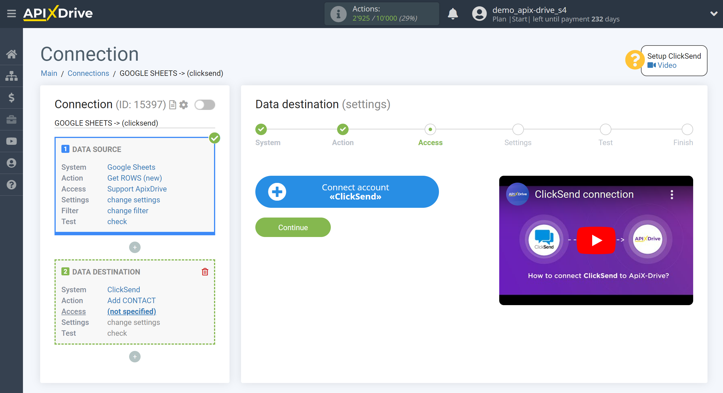 How to Connect ClickSend as Data Destination | Account connection