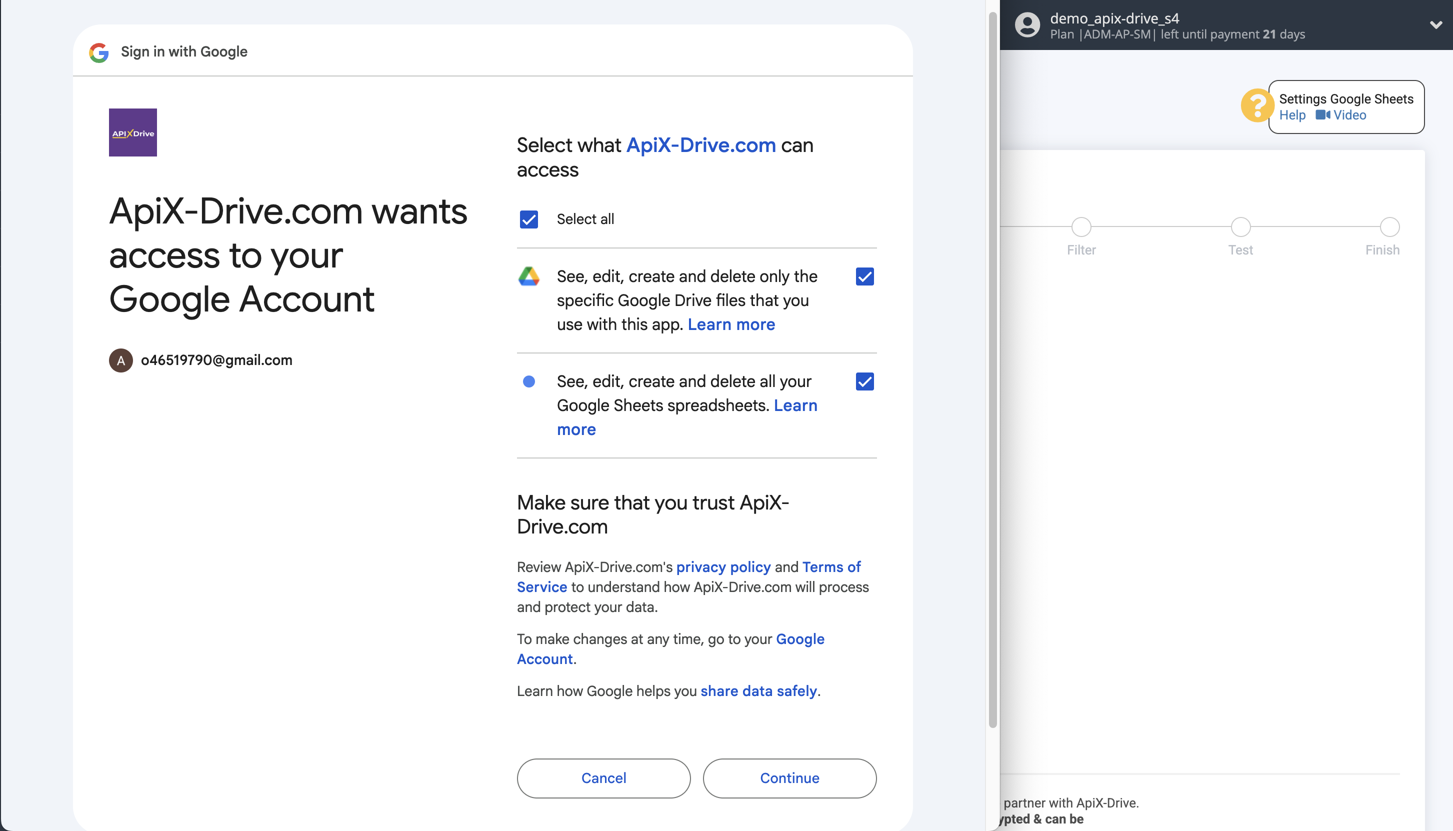 Setting up Google Drive file Search in Google Sheets | Select a Google account to connect