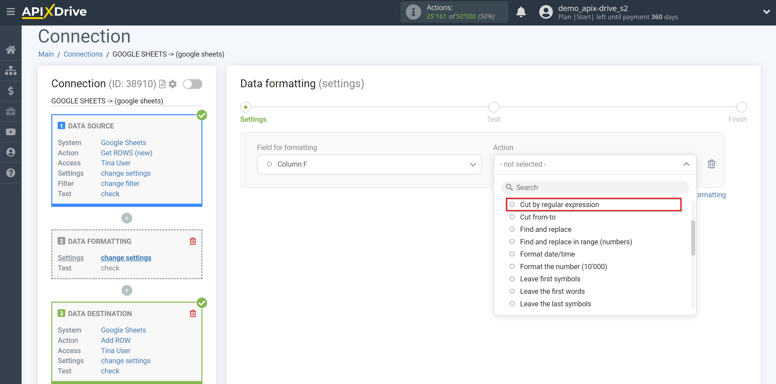 How to setup Data Formatting | Selecting the function&nbsp;Cut by regular expression