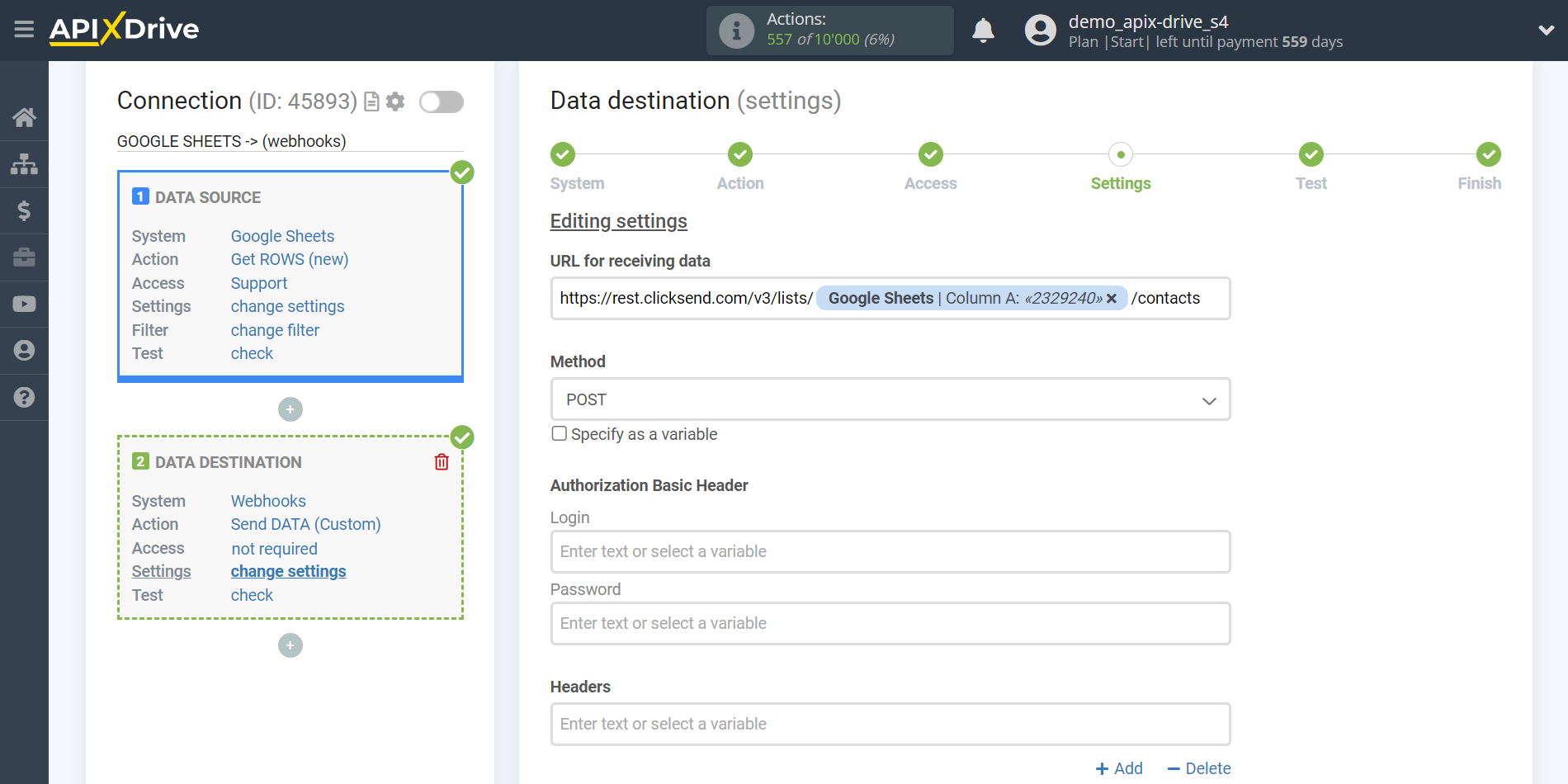 How to Connect Webhooks as Data Destination | Editing settings