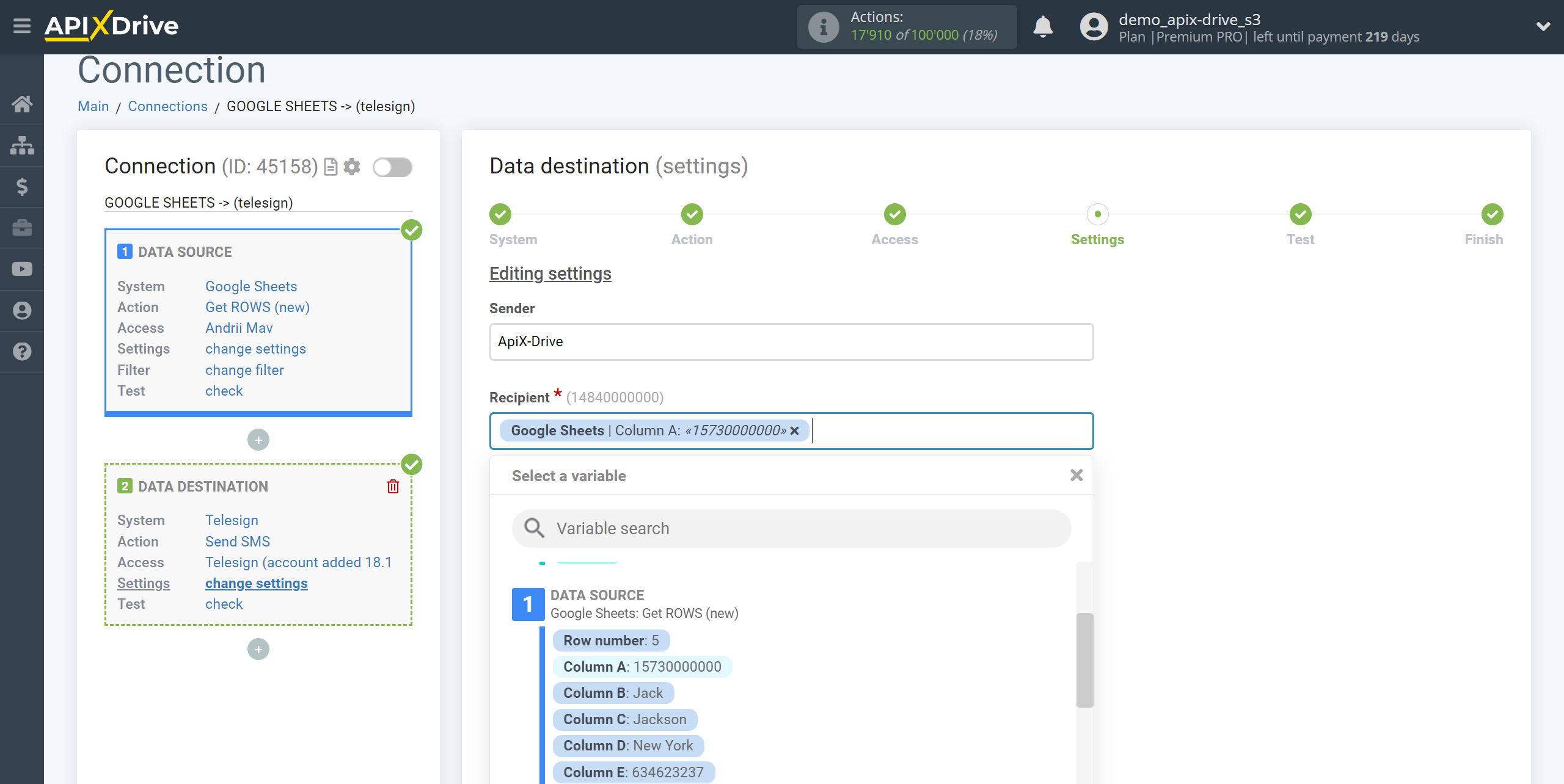 How to Connect Telesign as Data Destination | Assigning fields