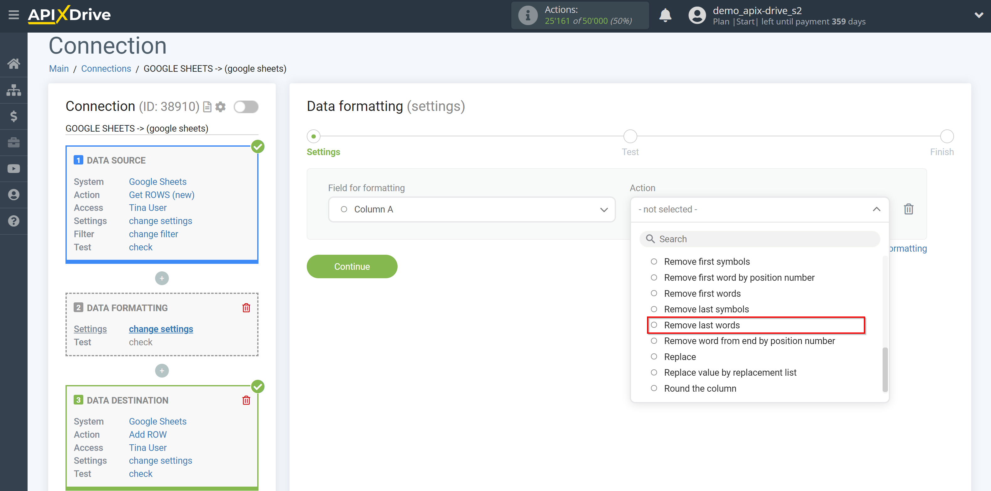 How to setup Data Formatting | Selecting the function&nbsp;Remove last words