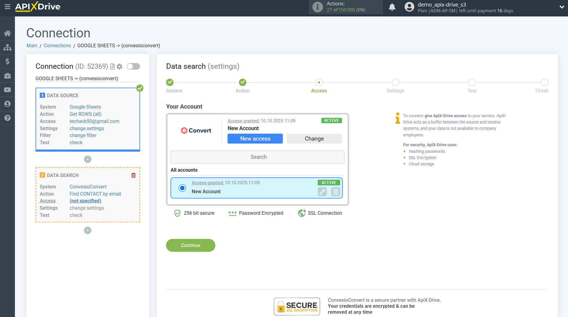 Setting up ConvesioConvert Contact Search in Google Sheets | Selecting a Search account Setting up ConvesioConvert Contact Search in Google Sheets | Selecting a Search account