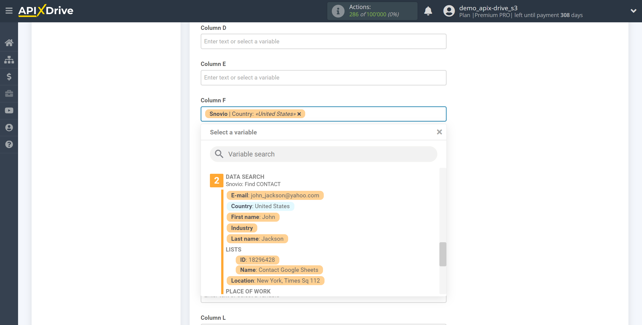 Setting up Snovio Contact Search in Google Sheets | Assigning fields