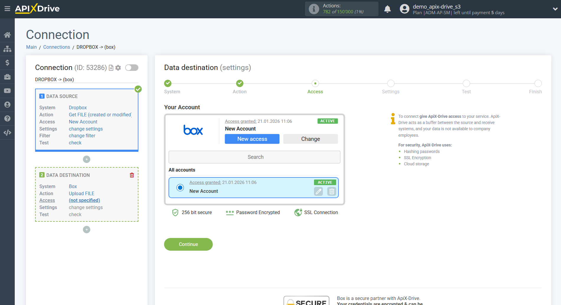 How to Connect Box as Data Destination | Account selection