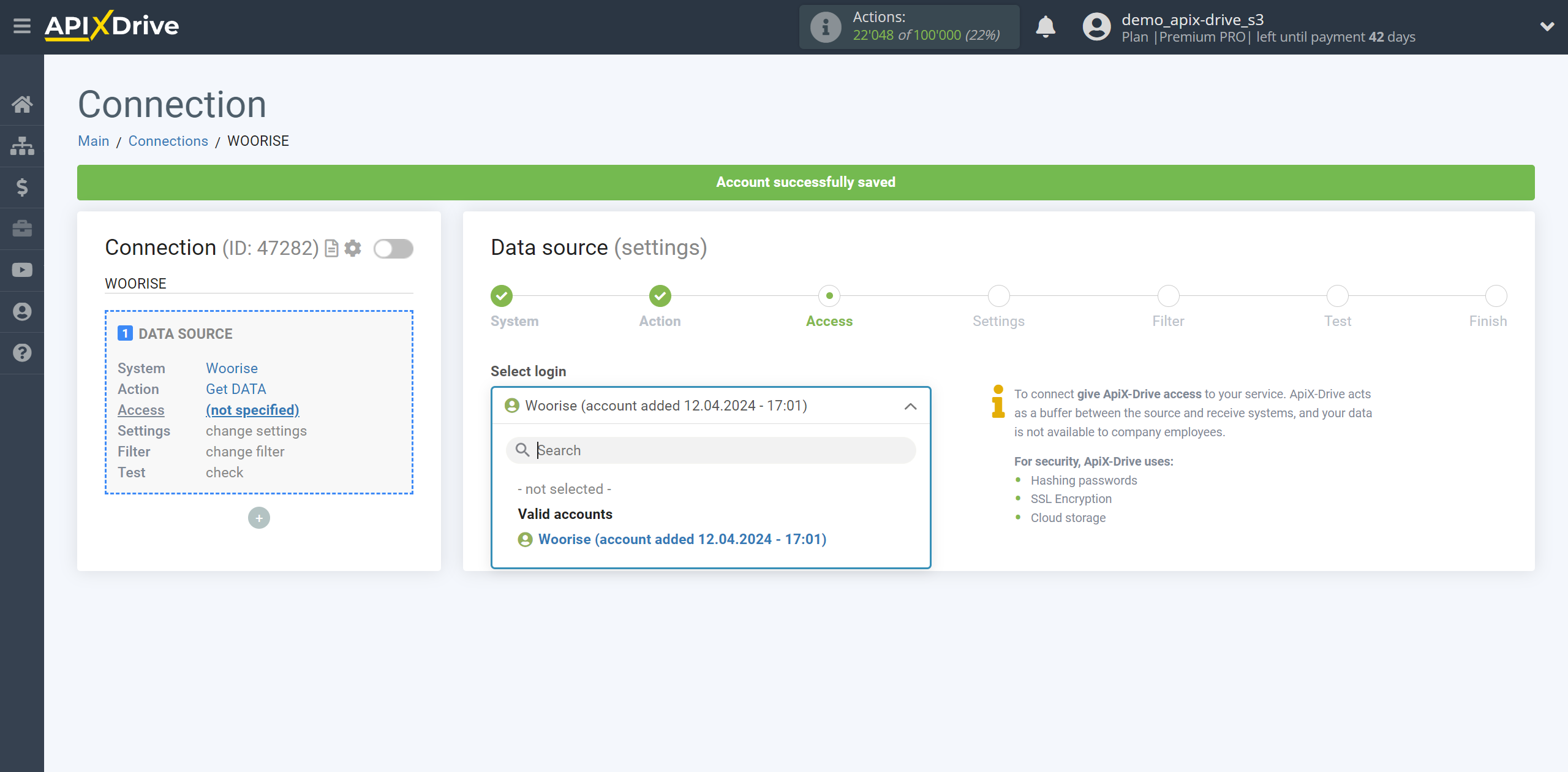 How to Connect Woorise as Data Source | Account selection