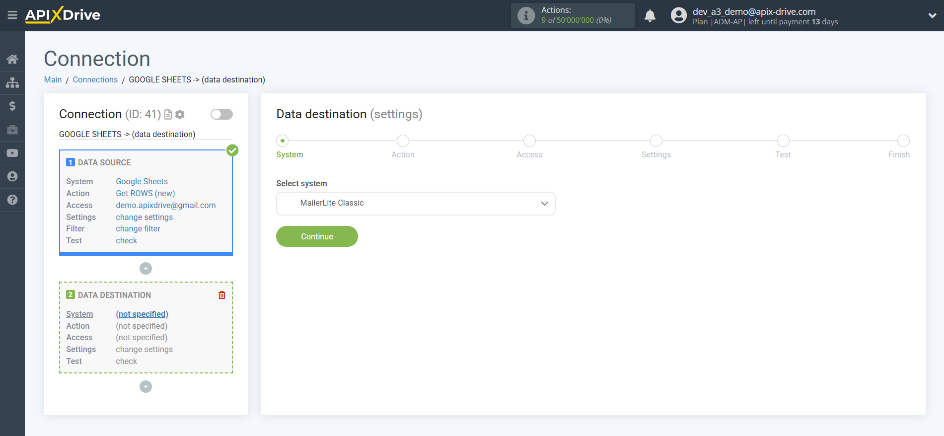 How to Connect MailerLite Classic as Data Destination | System selection
