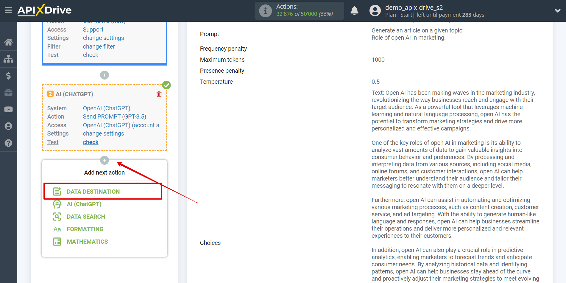 Setting up generate content with OpenAI (ChatGPT) | Selecting a data destination system