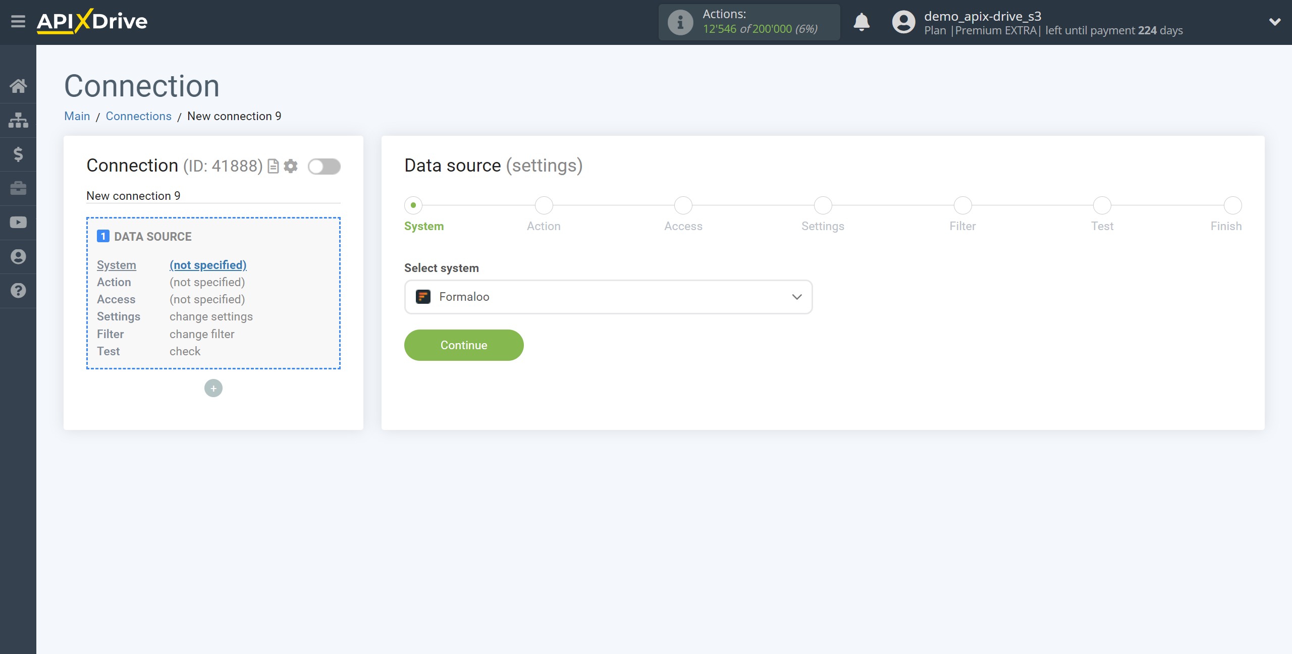 How to Connect Formaloo as Data Source | System selection