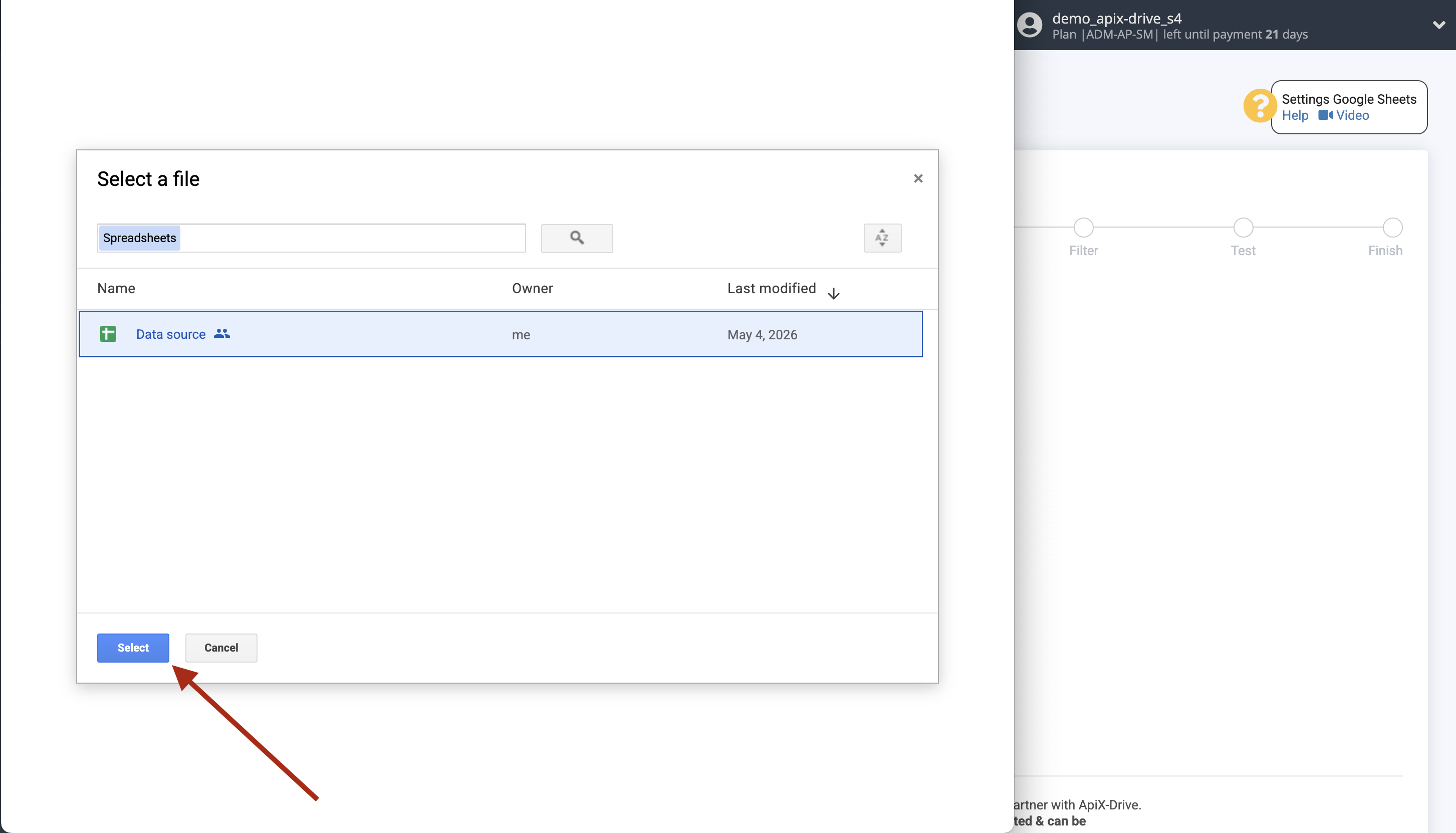 Setting up Google Drive file Search in Google Sheets | Select a Google account to connect