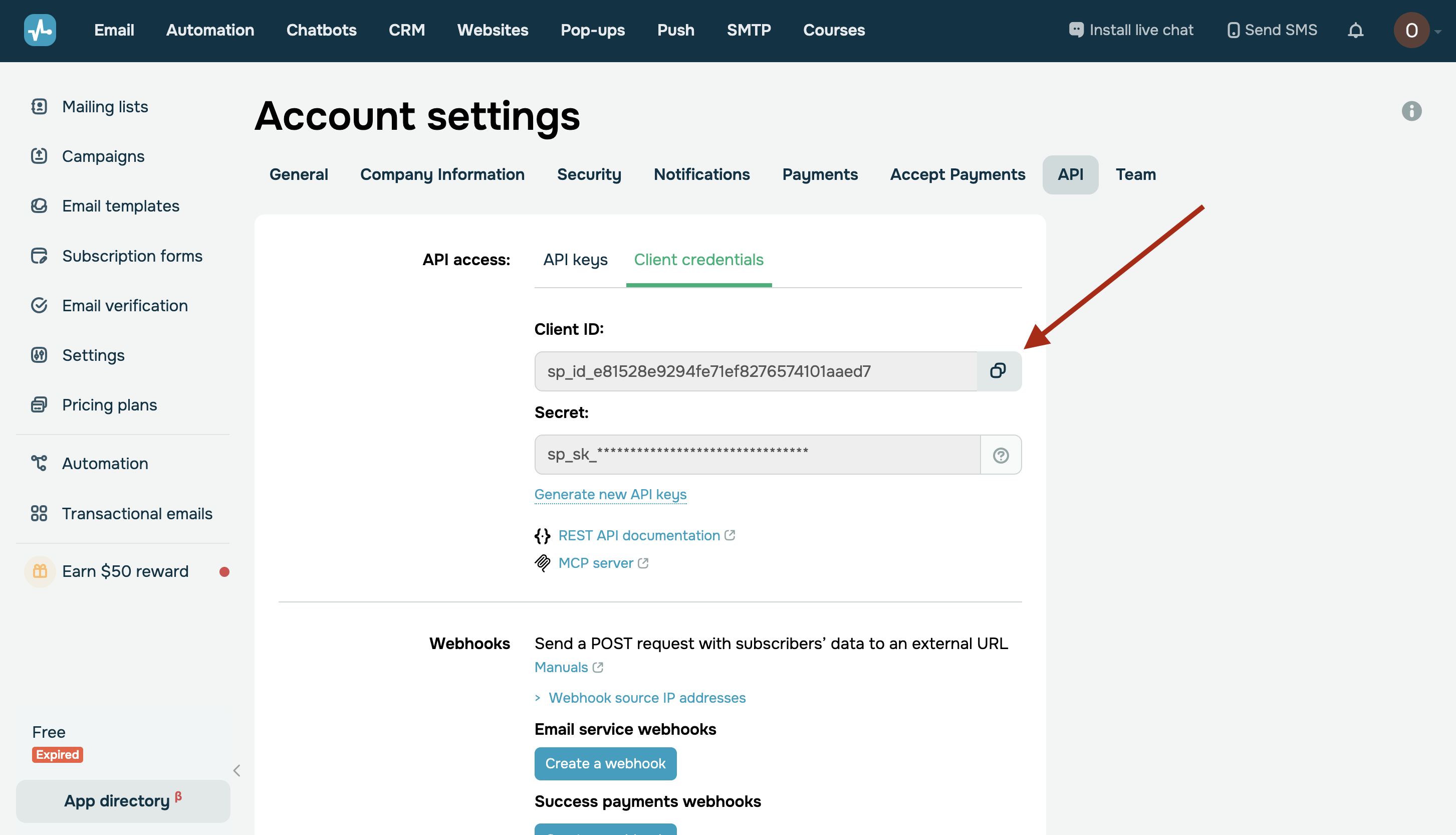 How to Connect SendPulse as Data Destination | Location of the token API. How to Connect SendPulse as Data Destination | Location of the token API.