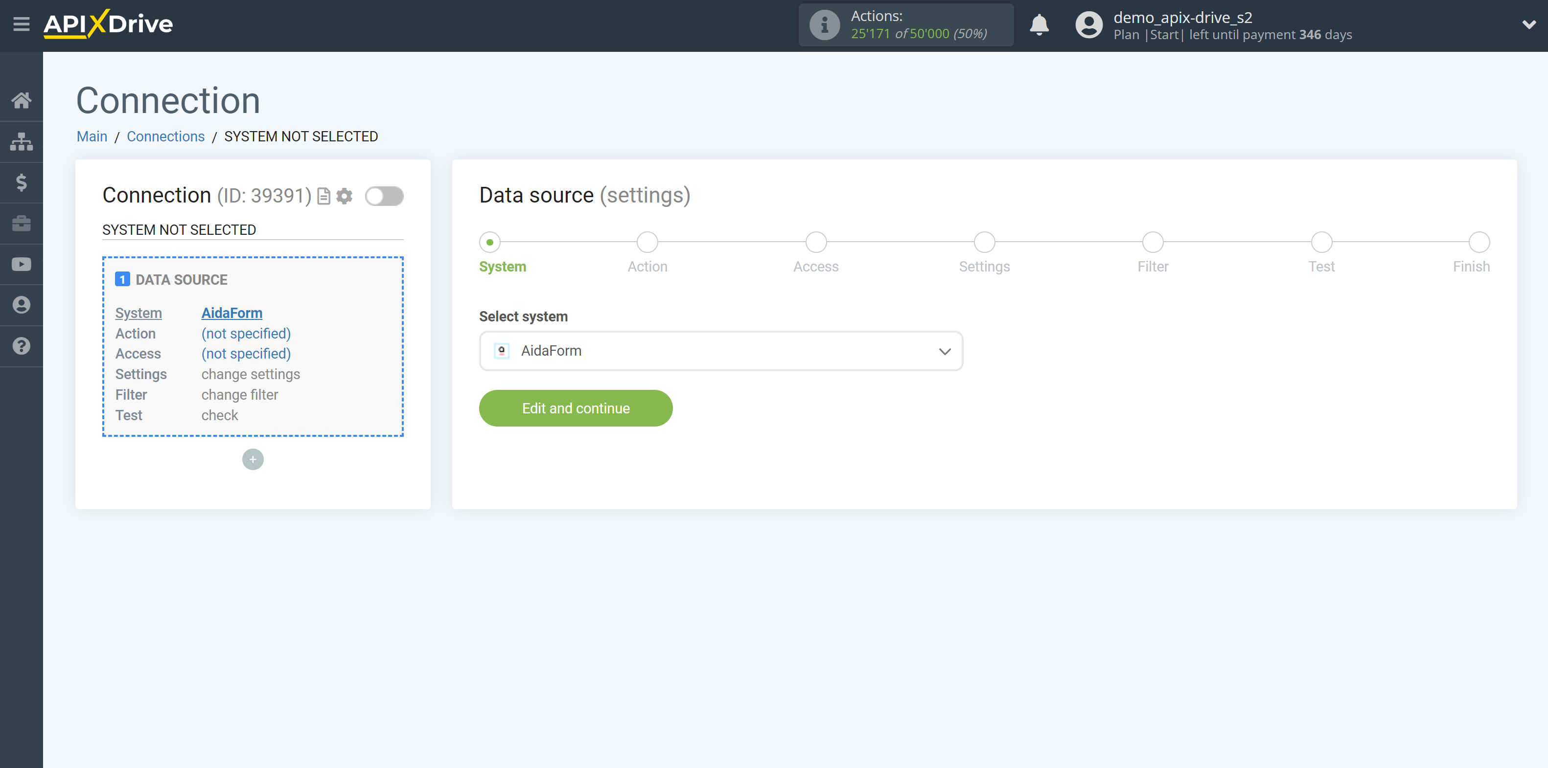 How to Connect AidaForm as Data Source | System selection