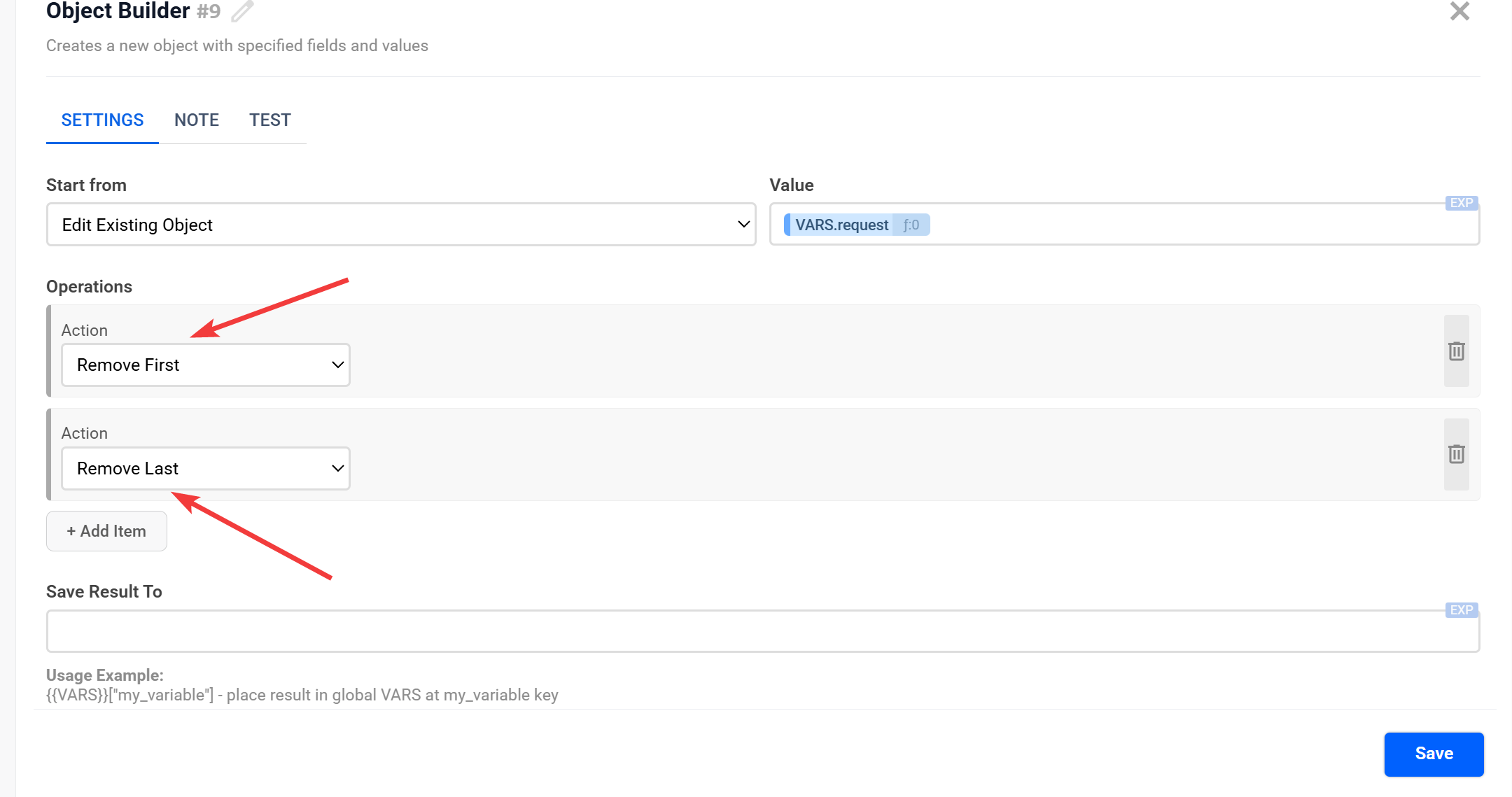 Object Builder | Налаштування дії&nbsp;Remove First / Remove Last