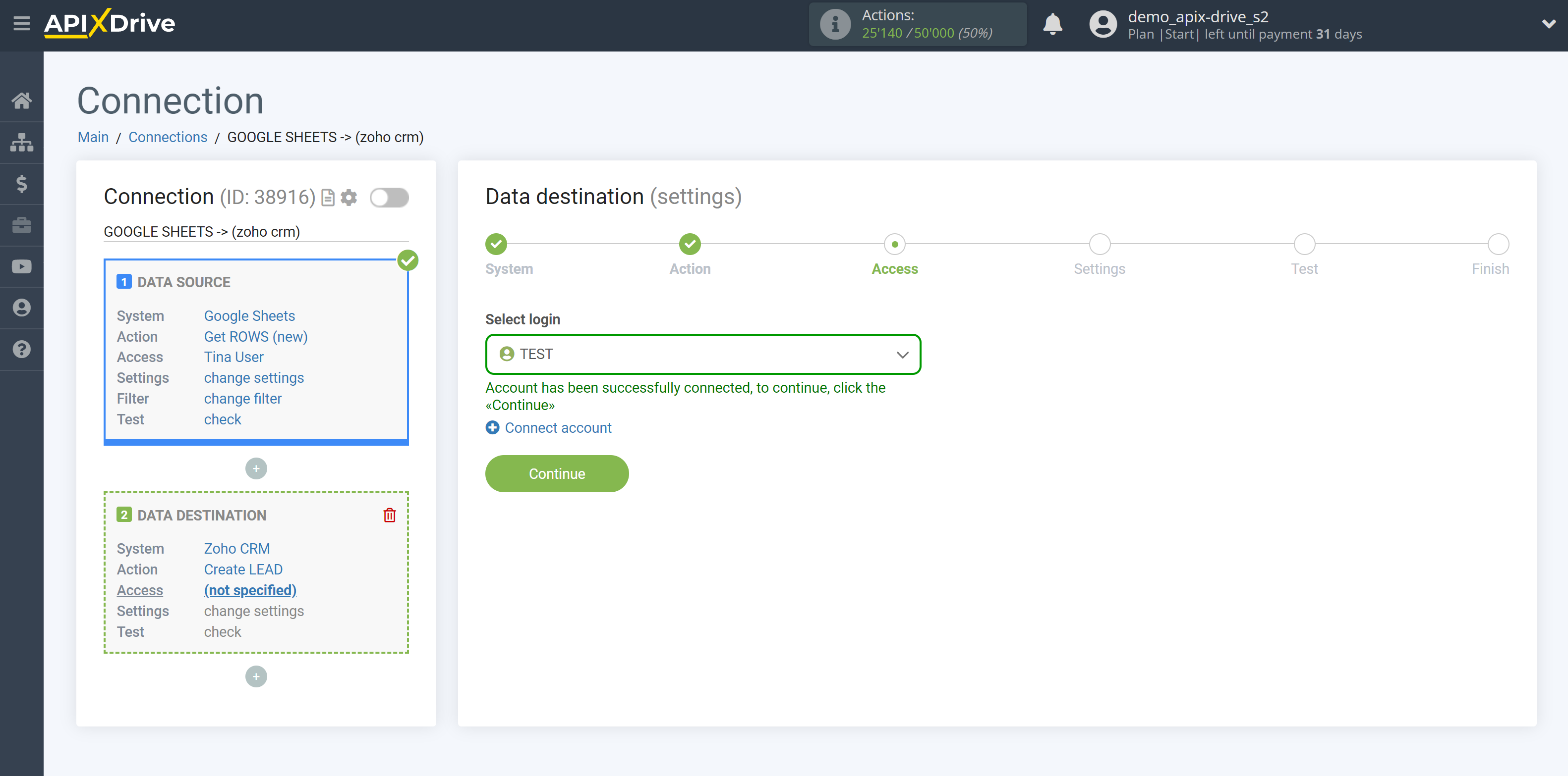 How to Connect Zoho CRM as Data Destination | Account selection