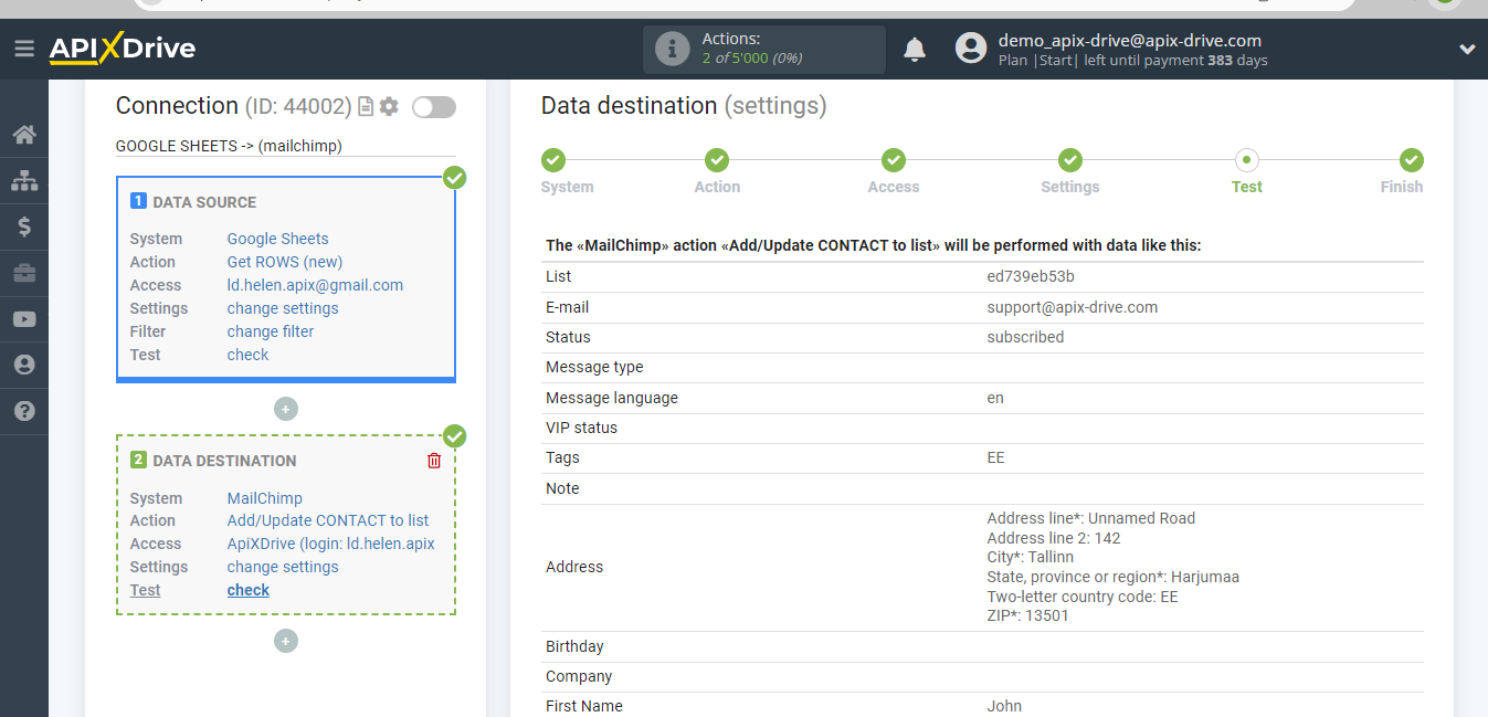 How to Connect MailChimp as Data Destination | Test data