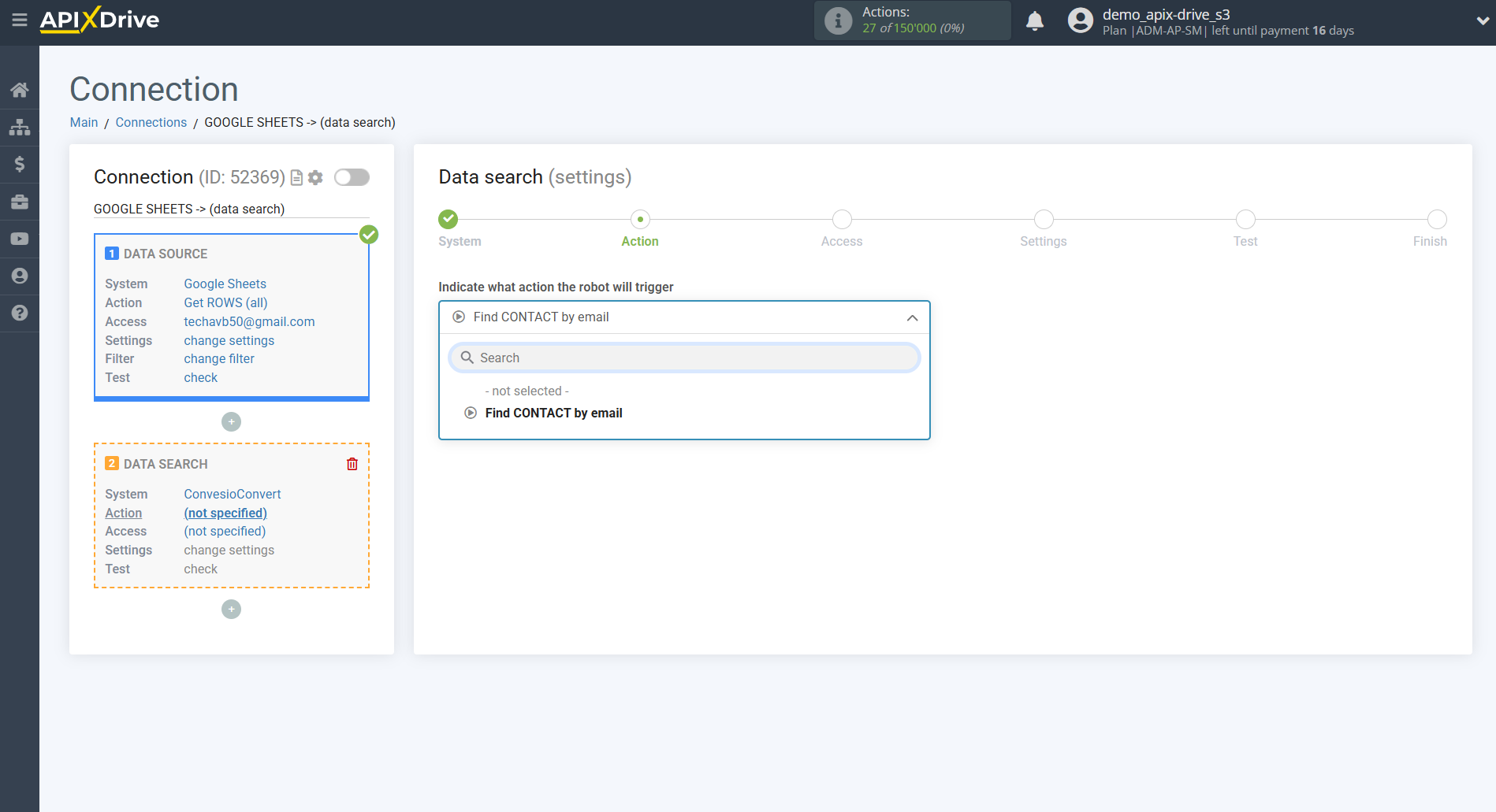 Setting up ConvesioConvert Contact Search in Google Sheets | Action selection Setting up ConvesioConvert Contact Search in Google Sheets | Action selection