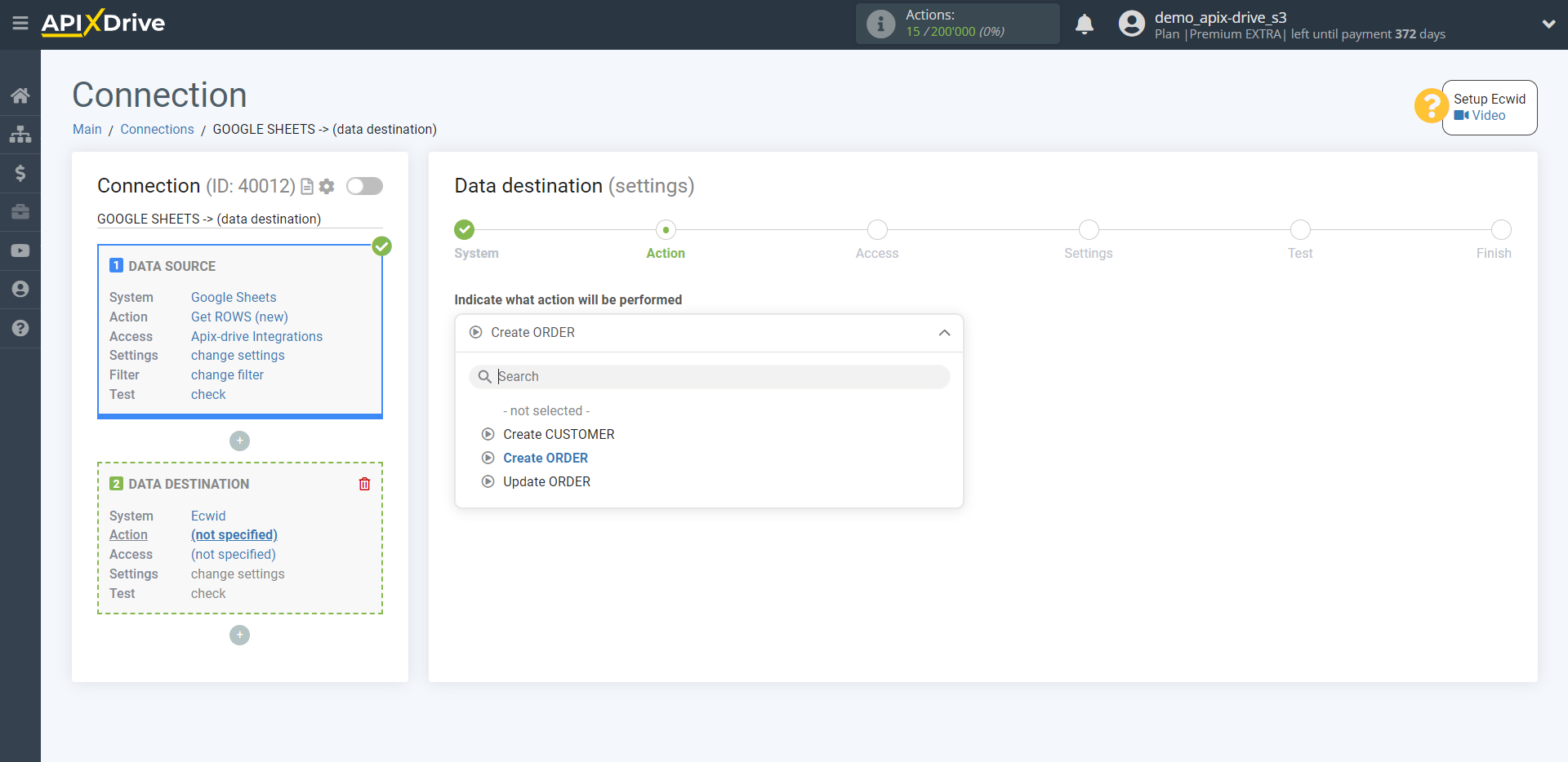 How to Connect Ecwid as Data Destination | Action selection