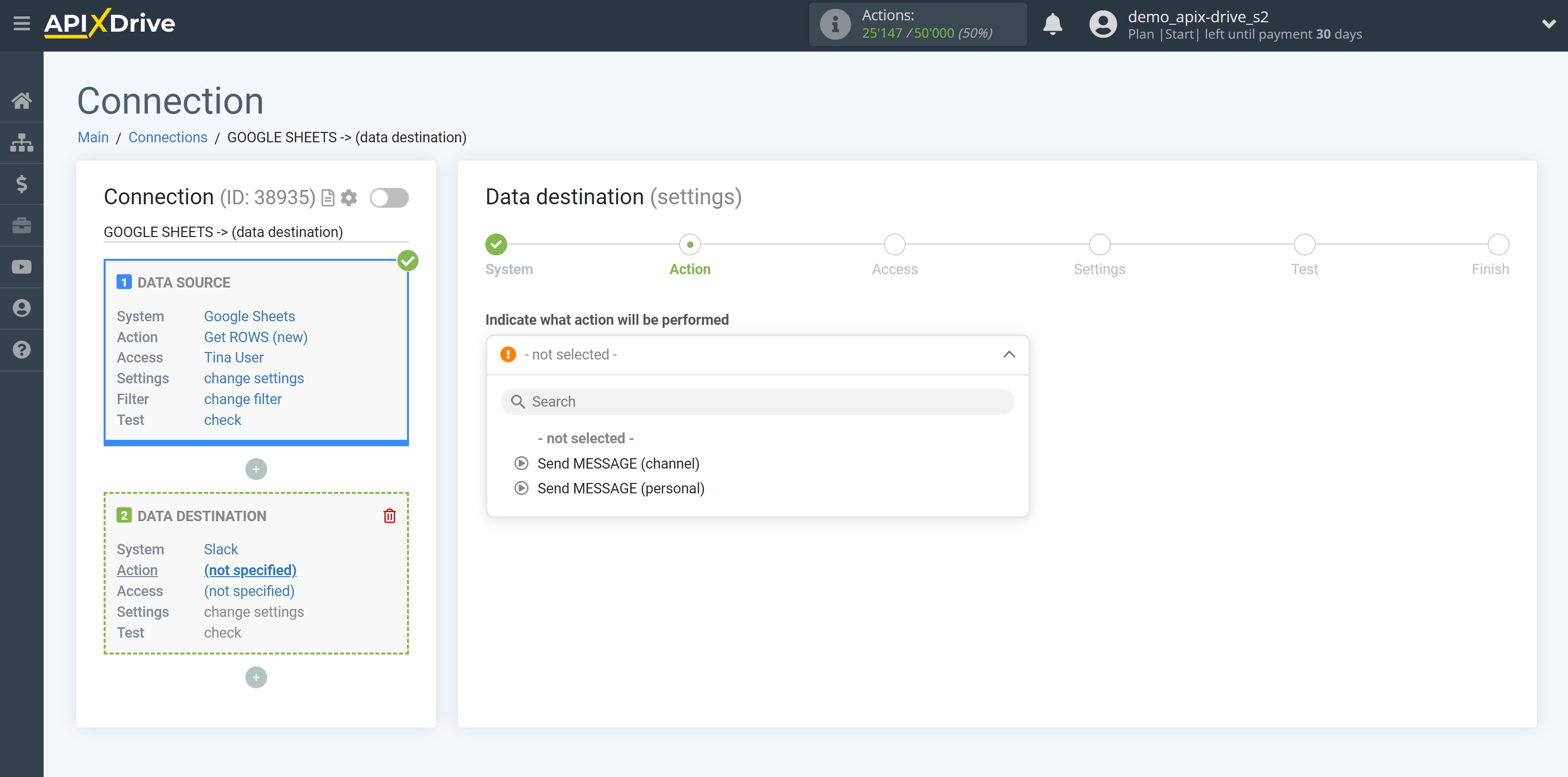  How to Connect Slack as Data Destination | Action selection