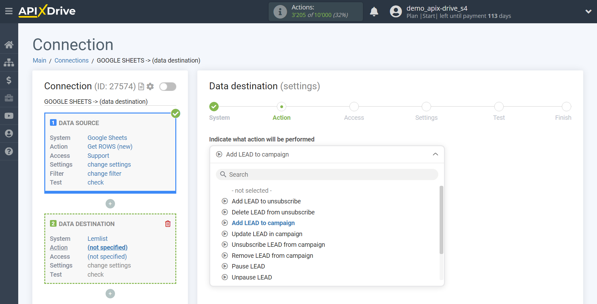 How to Connect Lemlist as Data Destination | Action selection