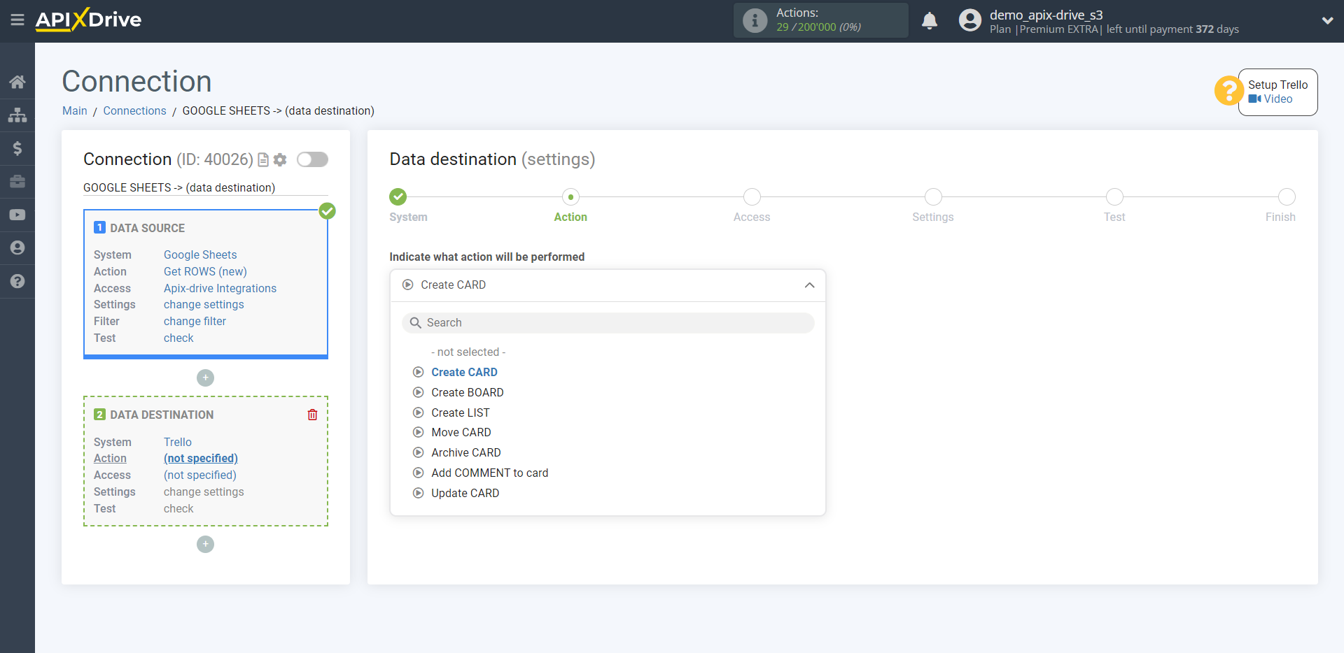How to Connect Trello as Data Destination | Action selection