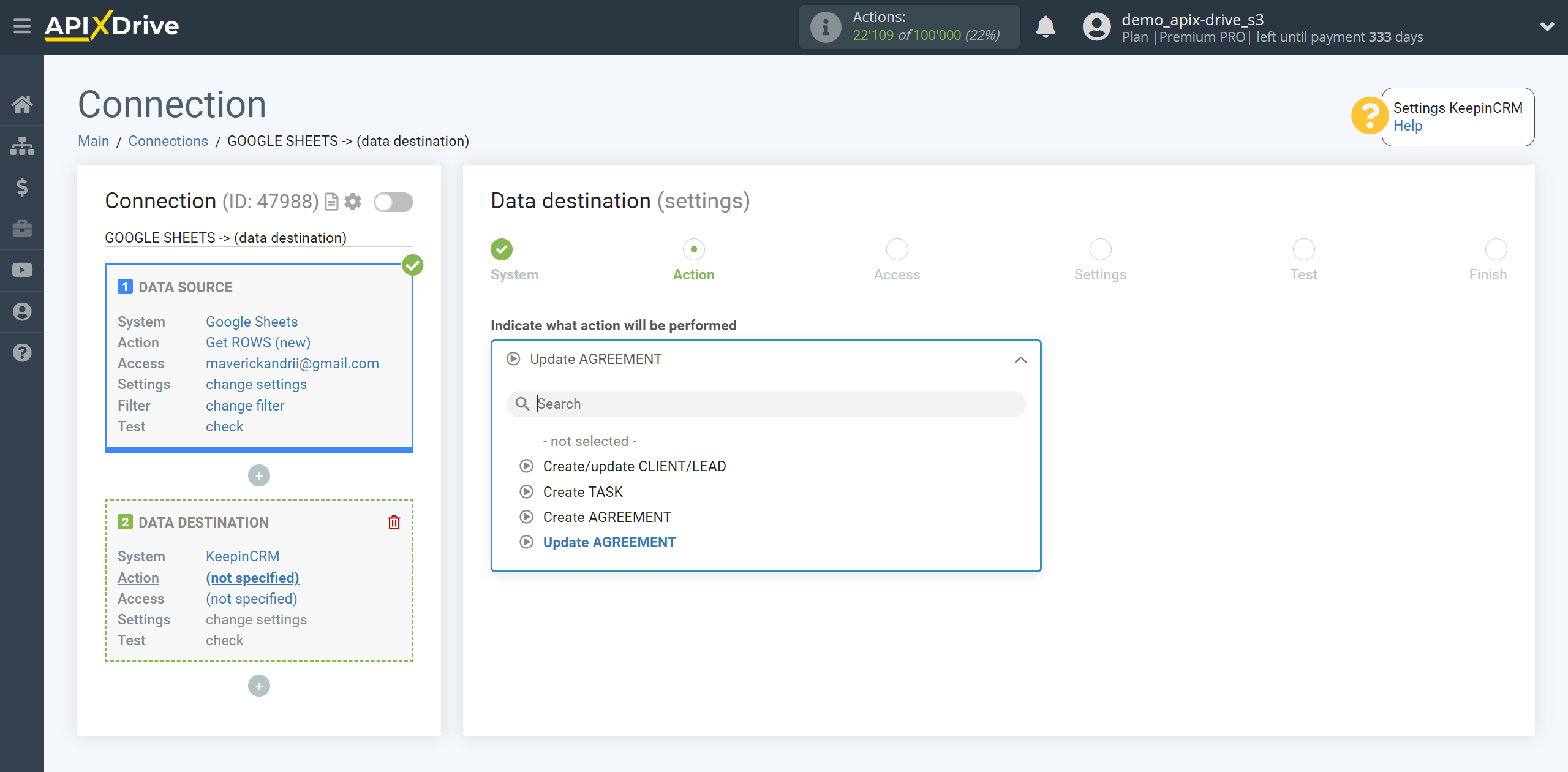 How to setup KeepinCRM Update Agreement / Create Agreement | Action selection