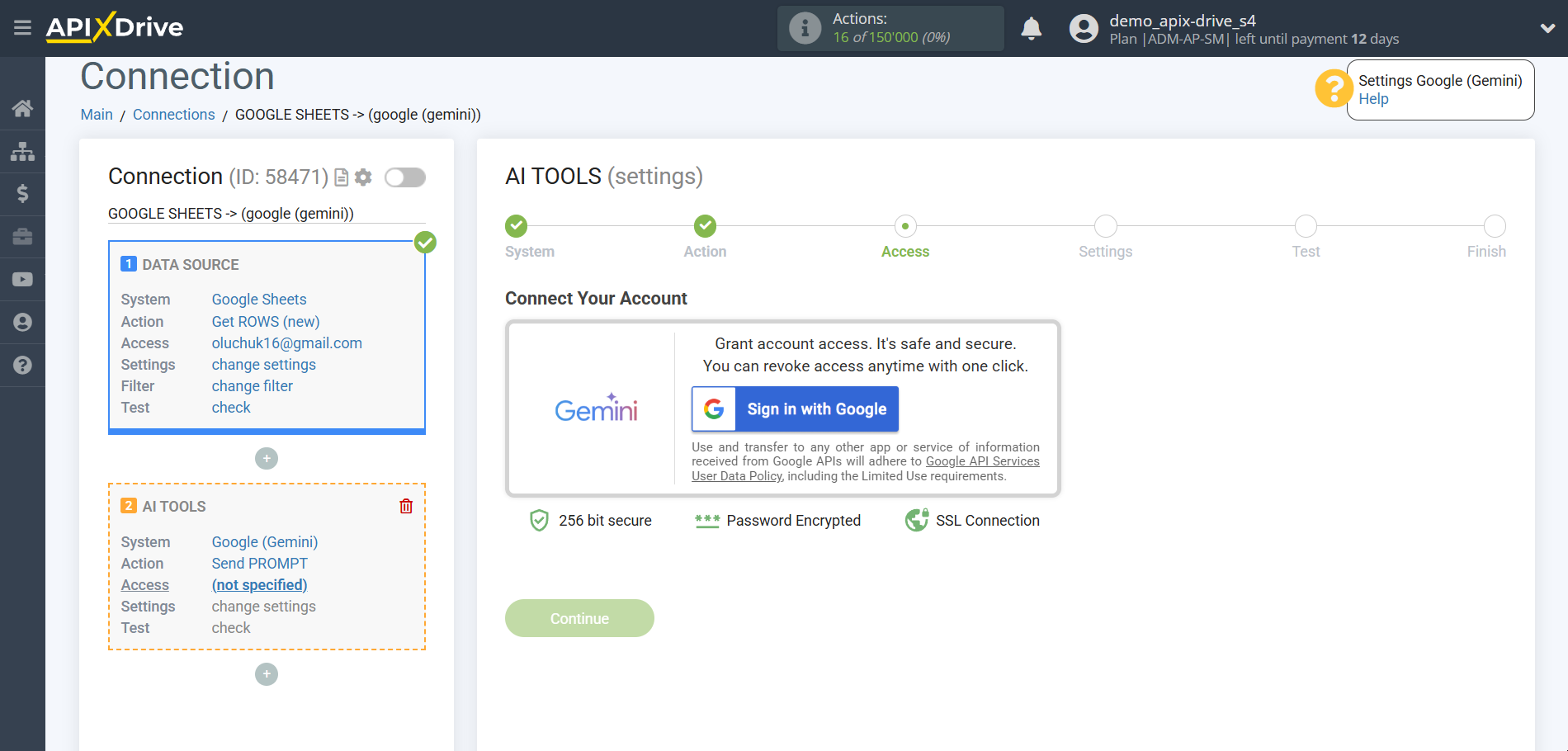Setting up Gemini in Google Sheets | Connecting account
