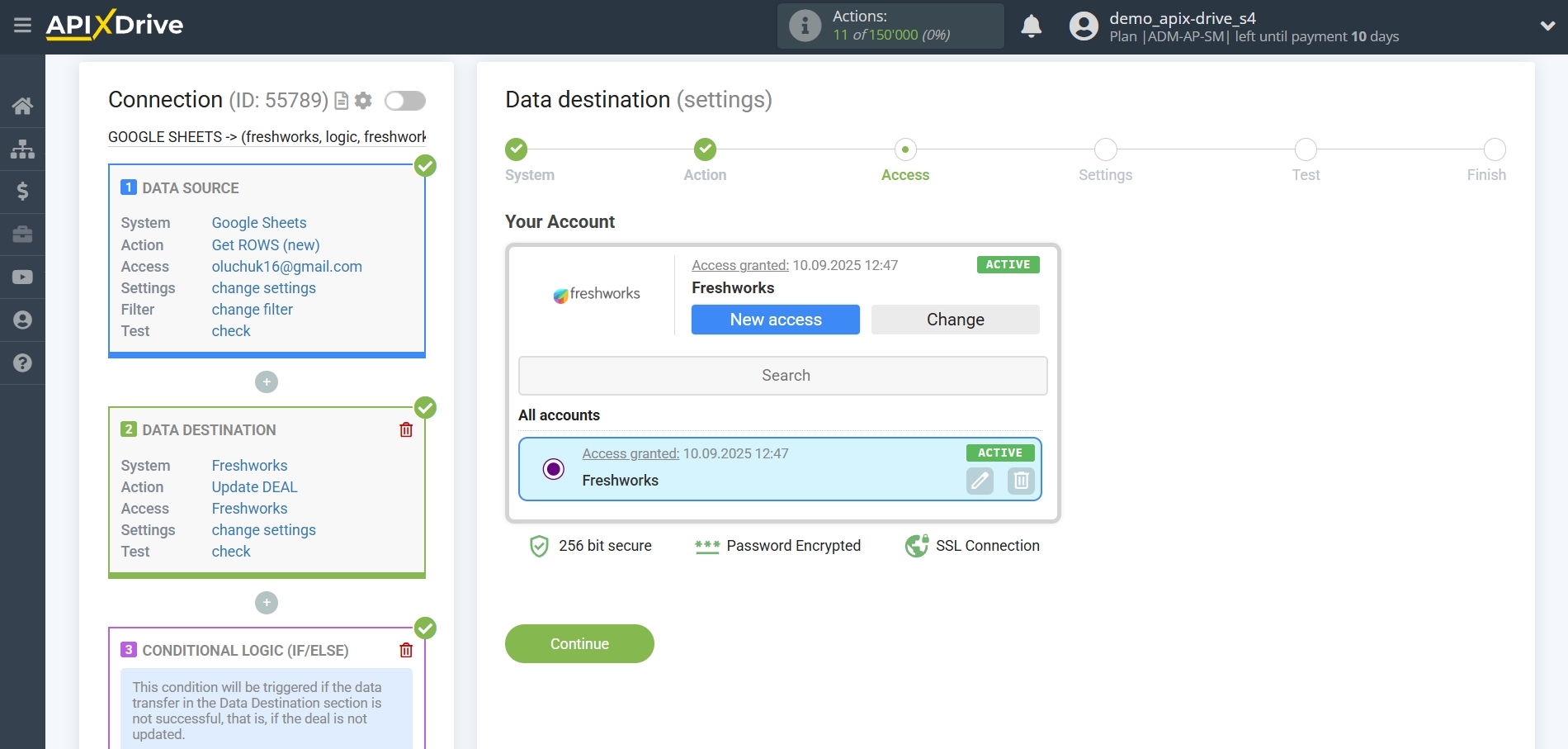 How to setup&nbsp;Freshworks Update Deal / Create Deal | Selecting a Destination account