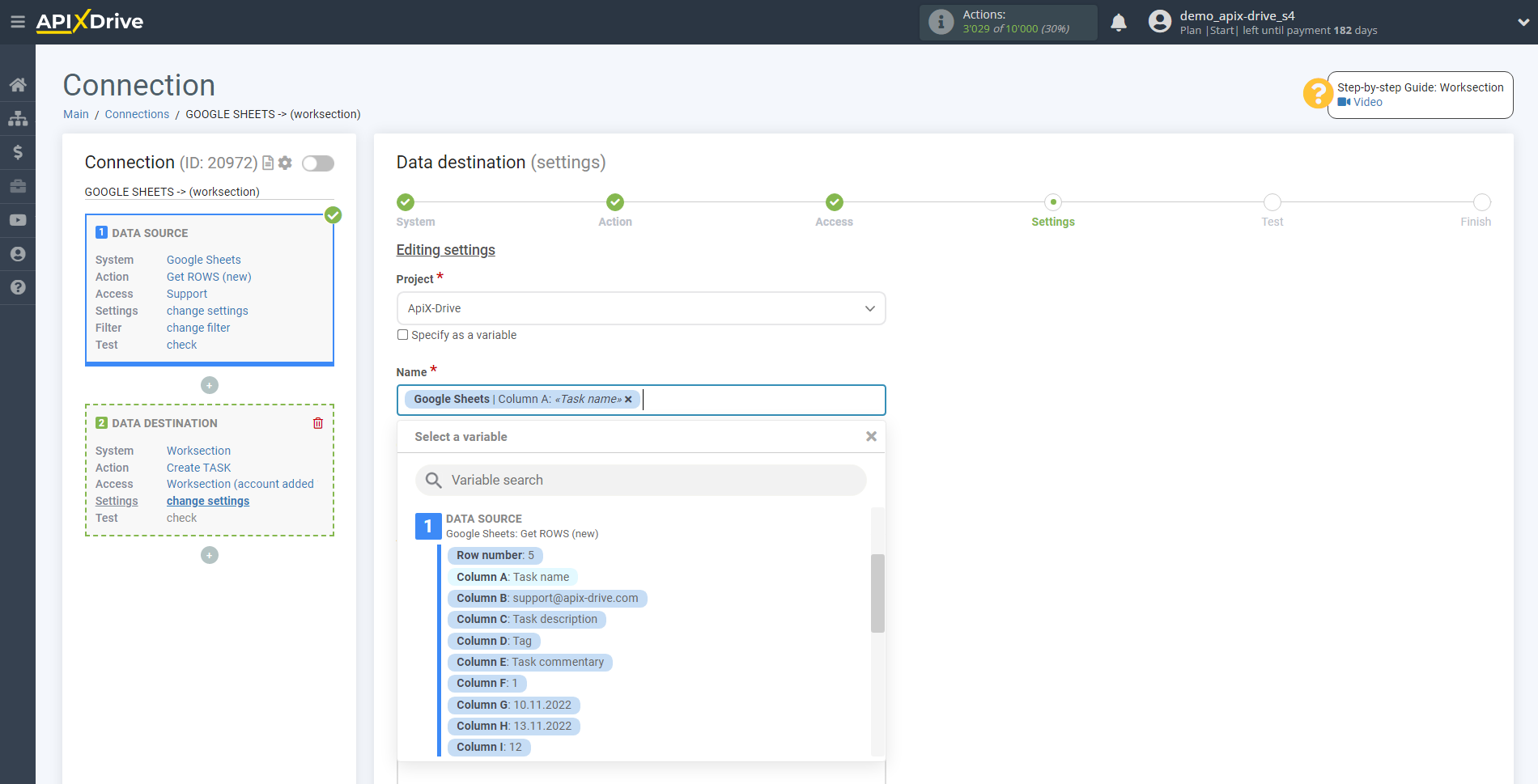 How to Connect Worksection as Data Destination | Assigning fields