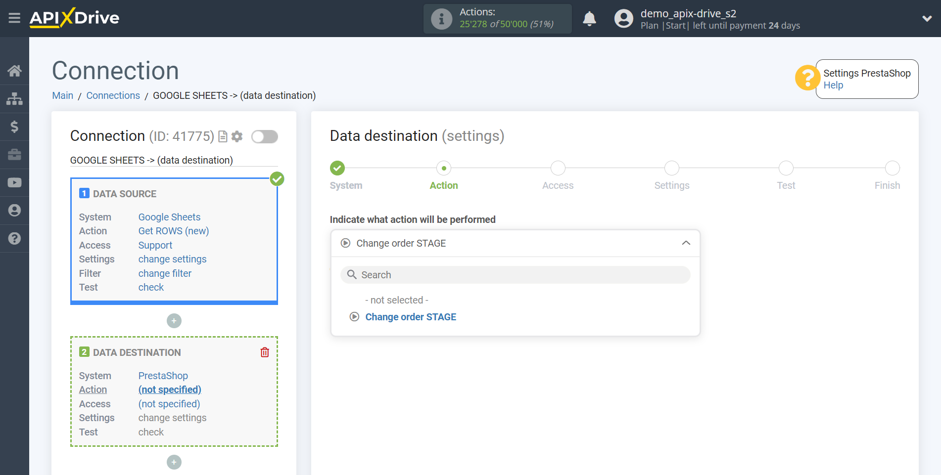 How to Connect PrestaShop as Data Destination | Action selection